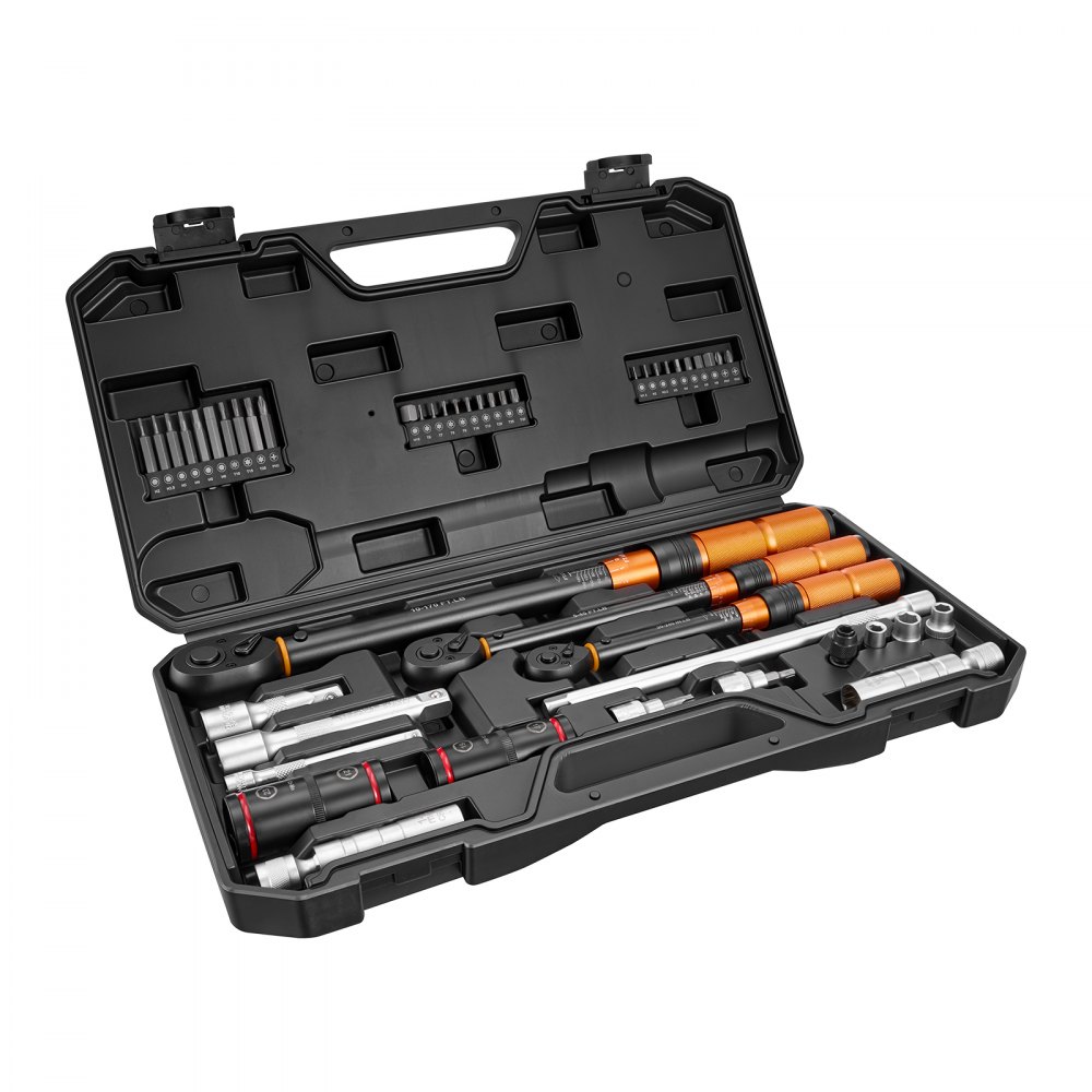 VEVOR Set Chiavi Dinamometriche da 1/4" 3/8" e 1/2" con Meccanismo a Scatto, Cacciaviti Dinamometriche 47 Pezzi, Doppia Scala di Lettura, con Bussole Inserti Prolunghe Custodia, per Riparazioni Auto