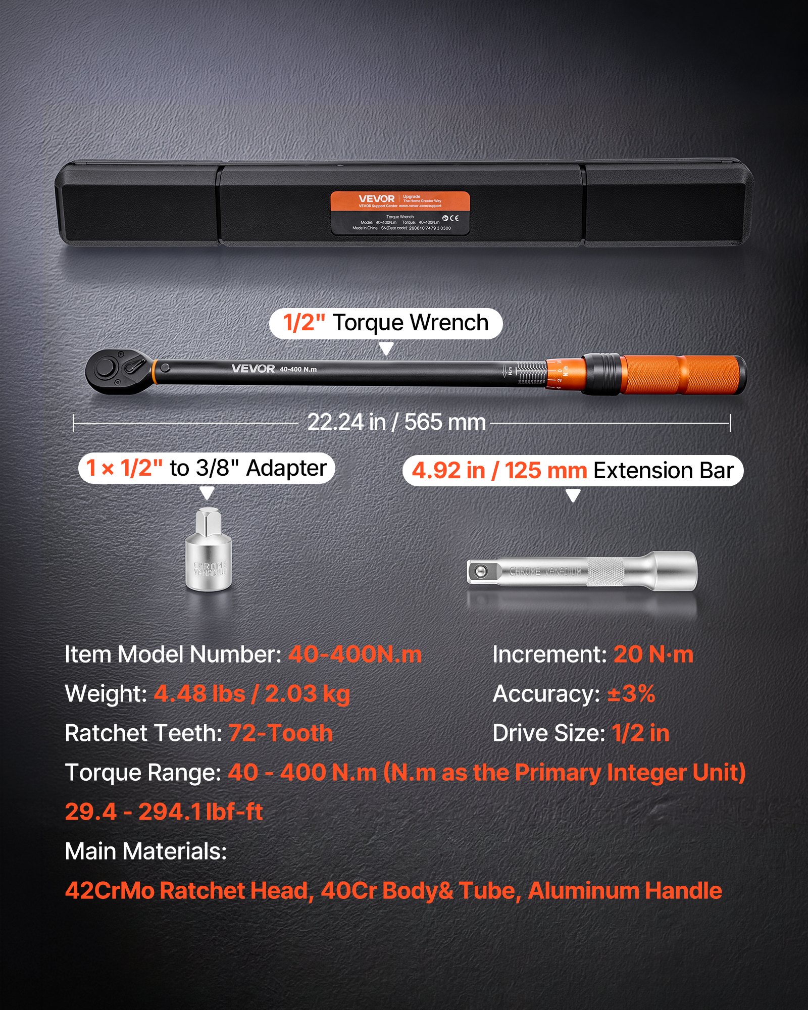 VEVOR Chiave Dinamometrica con Attacco da 1/2 Pollice, Cacciavite Meccanismo a Scatto, 29,4-294,1 lbf-ft ​​/ 40-400 Nm, Lettura Doppia Scala, con Prolunga Adattatore e Custodia, per Riparazioni Auto
