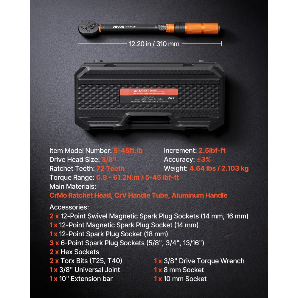 VEVOR Chiave Dinamometrica Attacco da 3/8 di Pollice a Click, Cacciavite Dinamometrica Doppia Scala Lettura 5-45 lbf-ft ​​/ 6,8-61,2 Nm, con Bussole Inserti Giunto Universale Prolunga Custodia, Auto