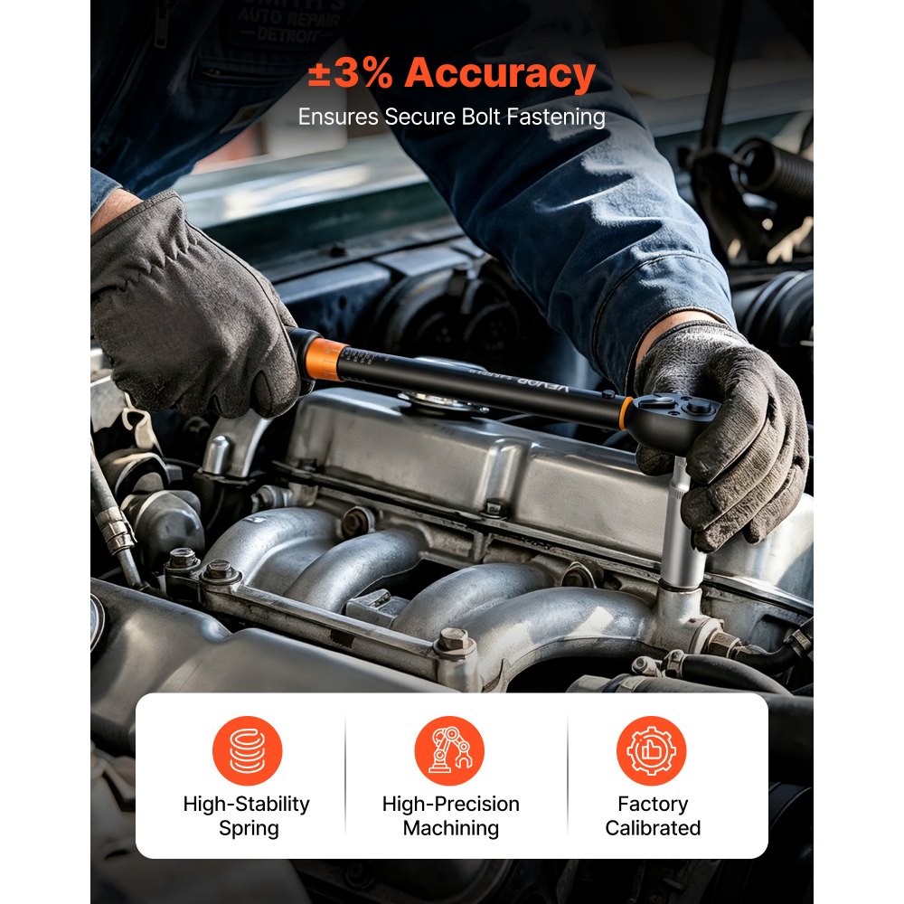 VEVOR Chiave Dinamometrica Attacco da 3/8 di Pollice a Click, Cacciavite Dinamometrica Doppia Scala Lettura 5-45 lbf-ft ​​/ 6,8-61,2 Nm, con Bussole Inserti Giunto Universale Prolunga Custodia, Auto