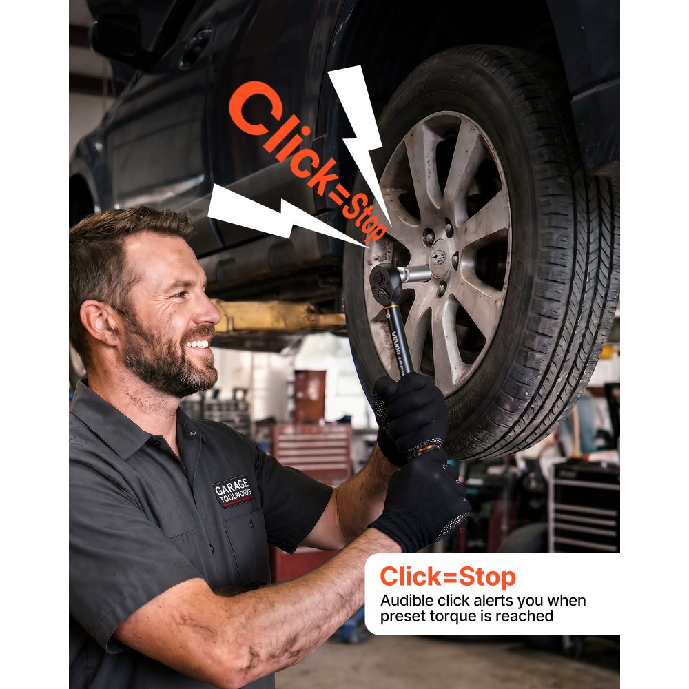 VEVOR Chiave Dinamometrica Attacco da 3/8 di Pollice a Click, Cacciavite Dinamometrica Doppia Scala Lettura 5-45 lbf-ft ​​/ 6,8-61,2 Nm, con Bussole Inserti Giunto Universale Prolunga Custodia, Auto