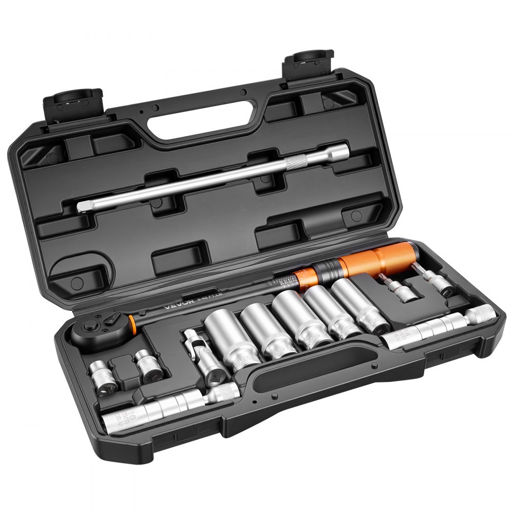VEVOR Chiave Dinamometrica Attacco da 3/8 di Pollice a Click, Cacciavite Dinamometrica Doppia Scala Lettura 5-45 lbf-ft ​​/ 6,8-61,2 Nm, con Bussole Inserti Giunto Universale Prolunga Custodia, Auto