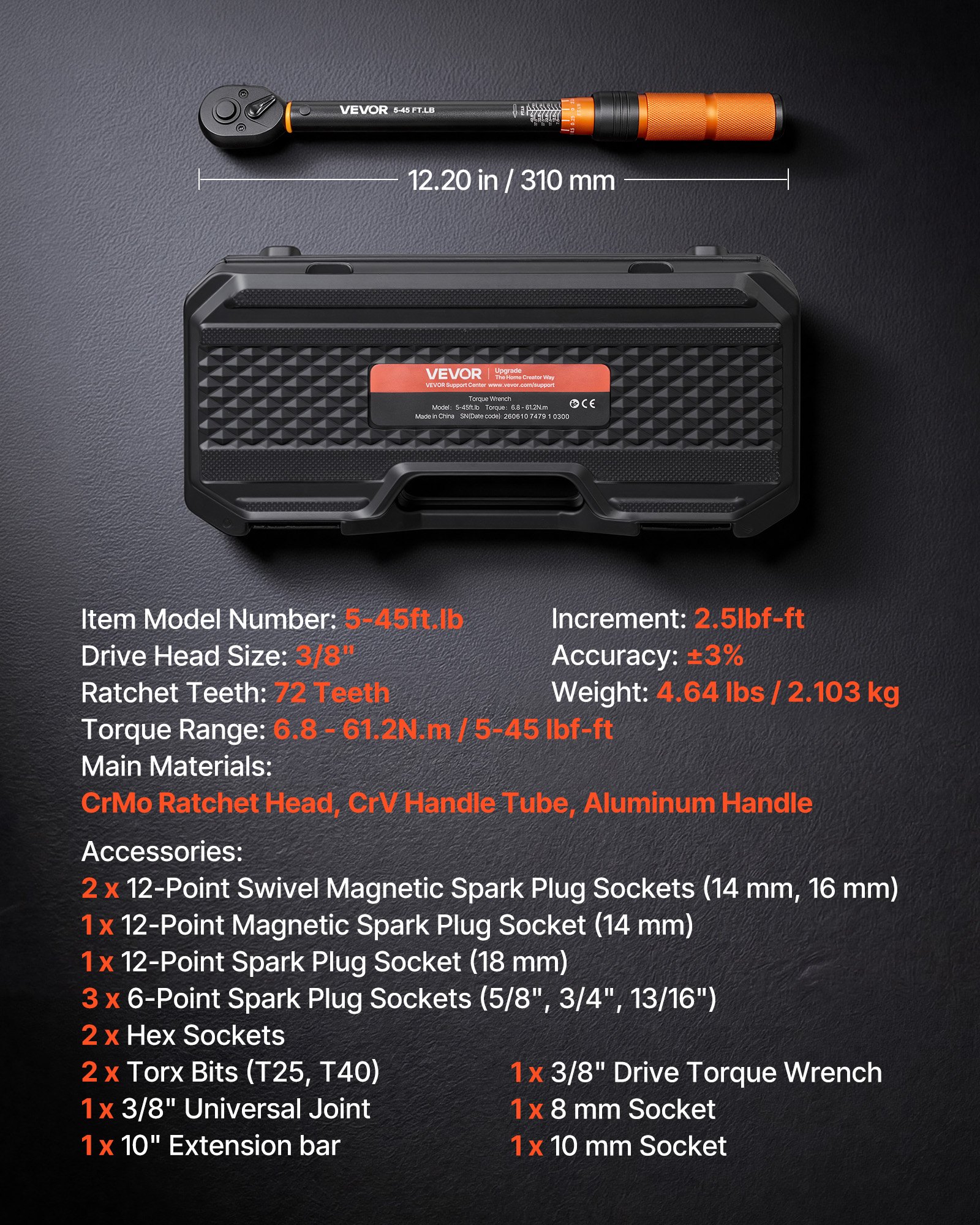 VEVOR Chiave Dinamometrica Attacco da 3/8 di Pollice a Click, Cacciavite Dinamometrica Doppia Scala Lettura 5-45 lbf-ft ​​/ 6,8-61,2 Nm, con Bussole Inserti Giunto Universale Prolunga Custodia, Auto