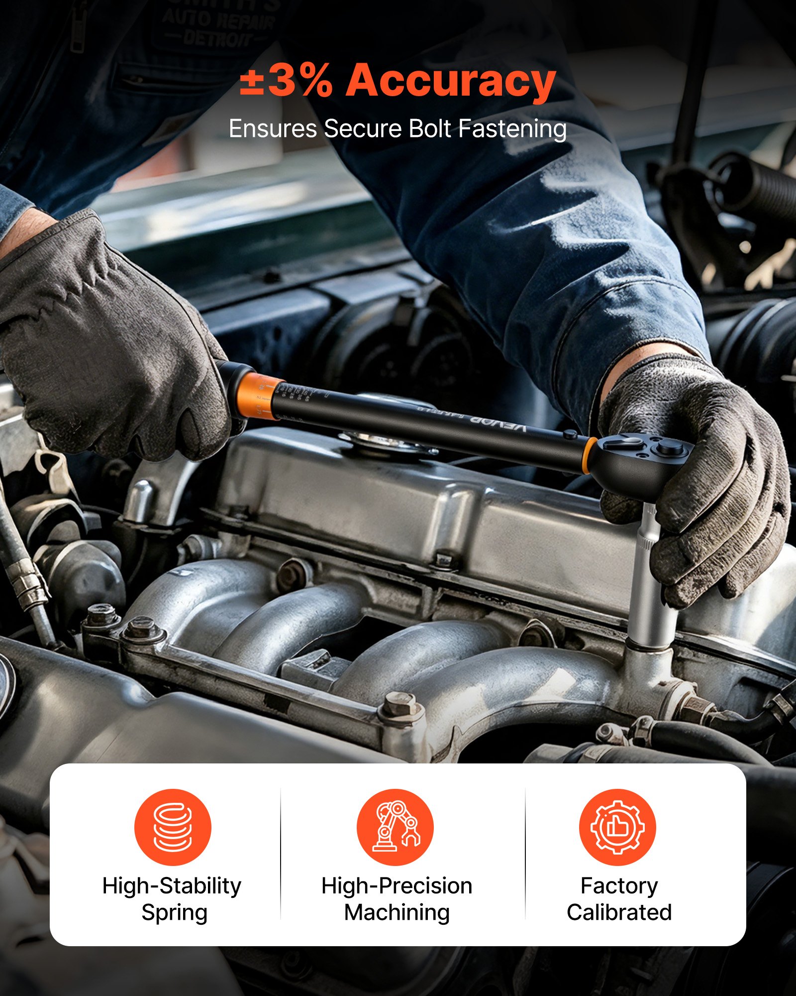 VEVOR Chiave Dinamometrica Attacco da 3/8 di Pollice a Click, Cacciavite Dinamometrica Doppia Scala Lettura 5-45 lbf-ft ​​/ 6,8-61,2 Nm, con Bussole Inserti Giunto Universale Prolunga Custodia, Auto