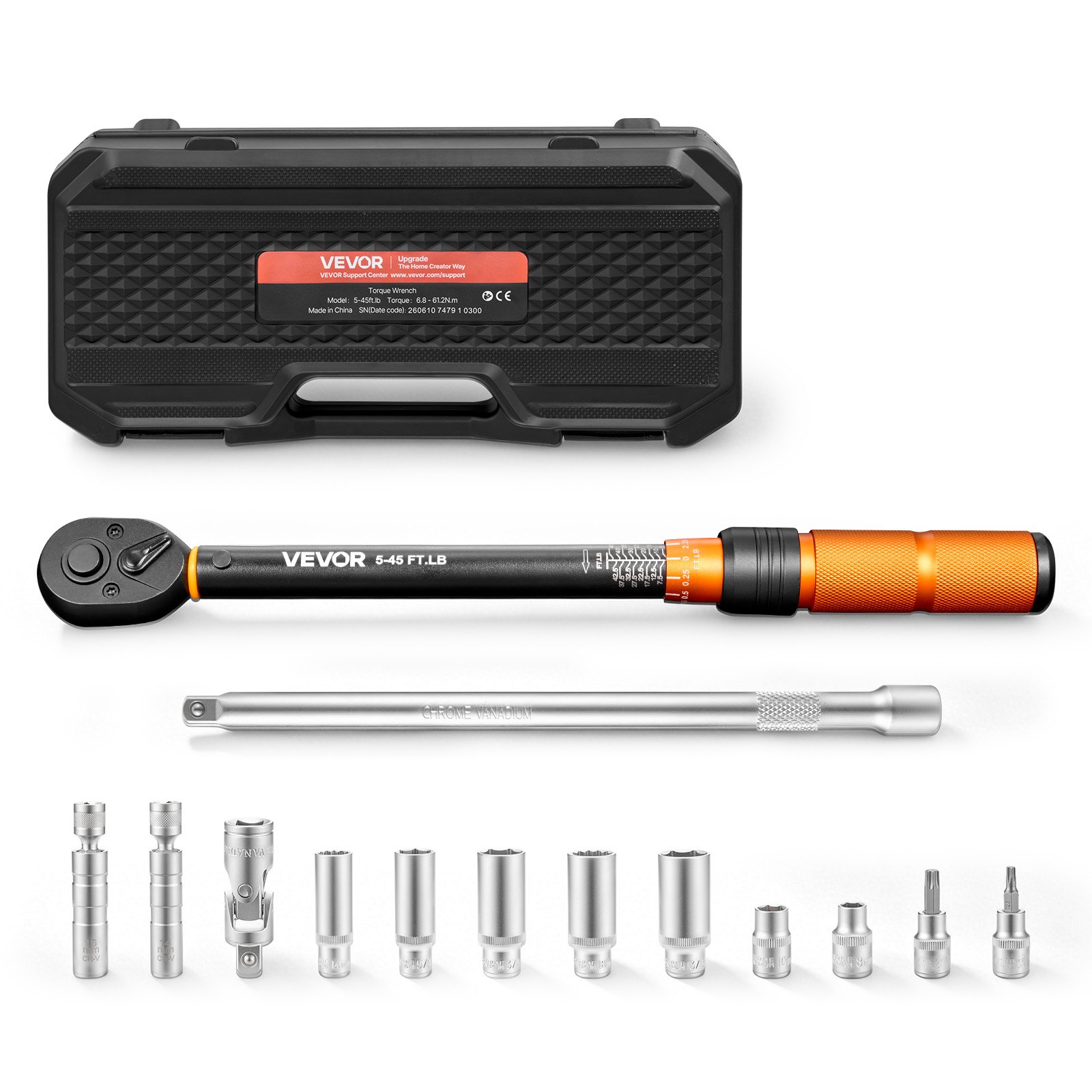 VEVOR Chiave Dinamometrica Attacco da 3/8 di Pollice a Click, Cacciavite Dinamometrica Doppia Scala Lettura 5-45 lbf-ft ​​/ 6,8-61,2 Nm, con Bussole Inserti Giunto Universale Prolunga Custodia, Auto