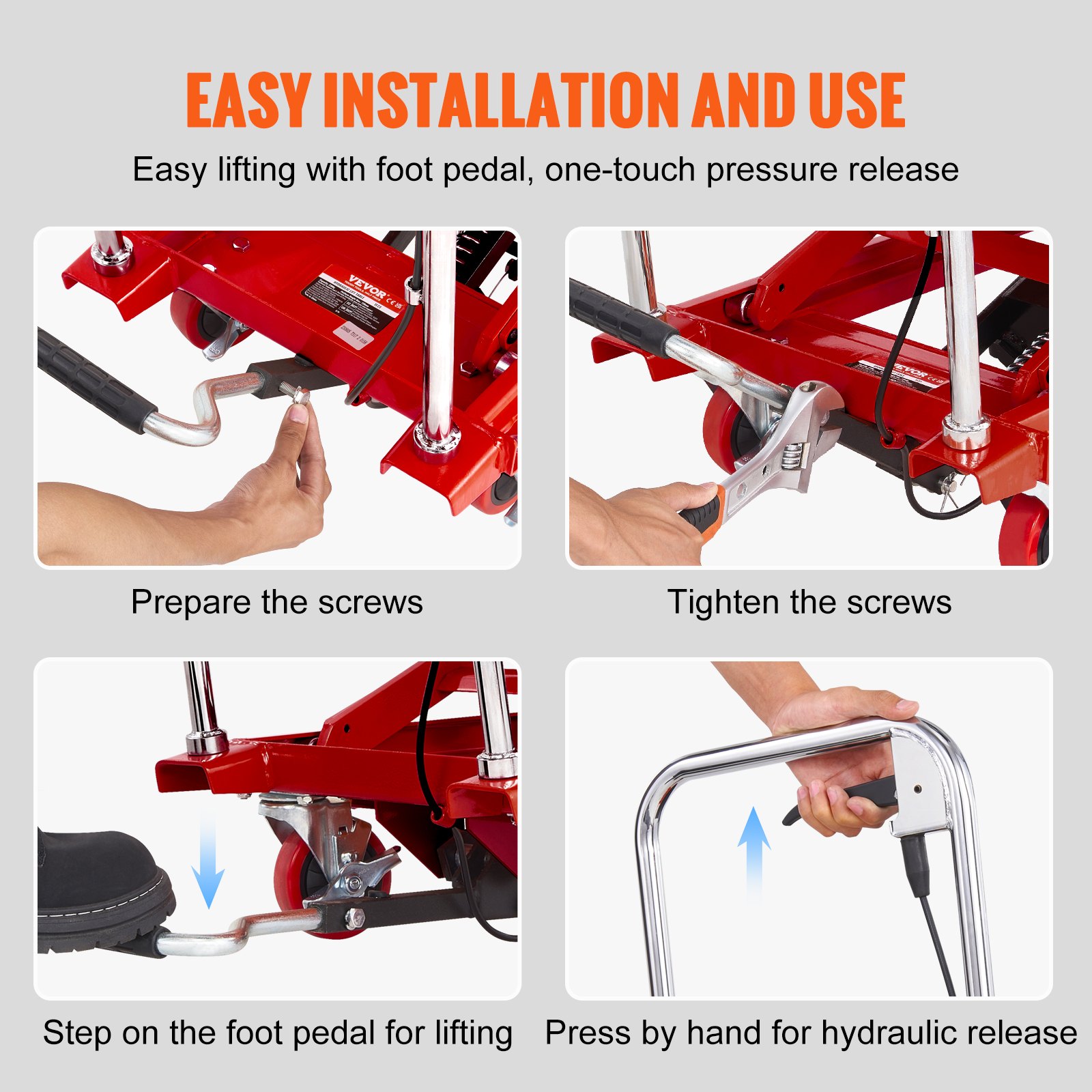VEVOR Carrello Elevatore Idraulico, Capacità 230kg, Altezza di Sollevamento 220-720 mm, Piattaforma Elevatore Manuale a Forbice Singola con Cuscinetto Antiscivolo, Carrello Idraulico a Forbice Rosso