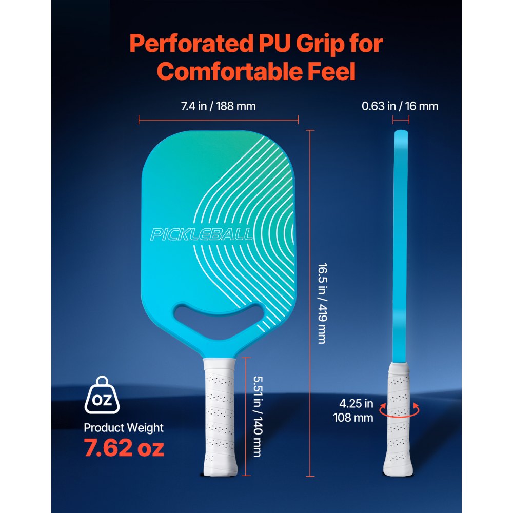 VEVOR Pickleball Racket with Aero-Throat, T700 Carbon Fiber Surface and Honeycomb Core, Pickleball Racket with Increased Power, Control and Spin, Pickleball Racket for Adults Blue + Green