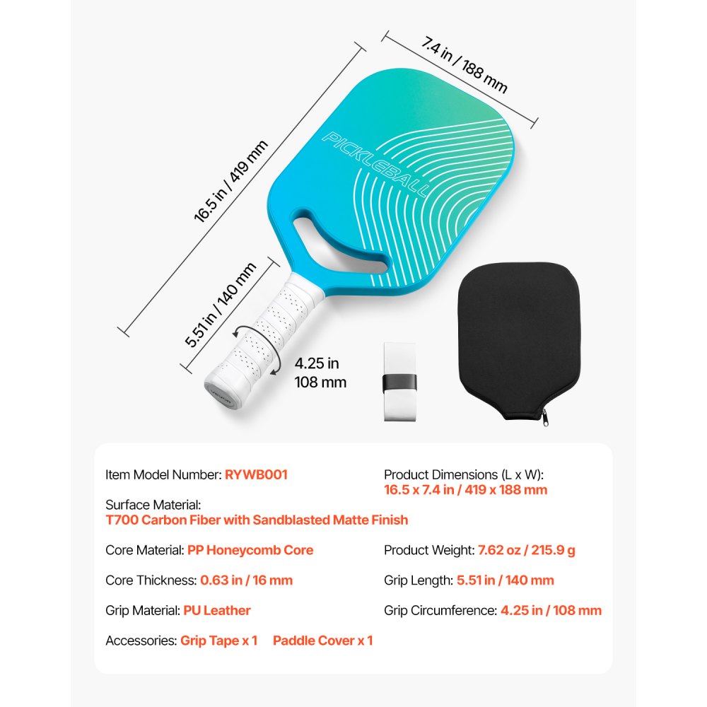 VEVOR Pickleball Racket with Aero-Throat, T700 Carbon Fiber Surface and Honeycomb Core, Pickleball Racket with Increased Power, Control and Spin, Pickleball Racket for Adults Blue + Green