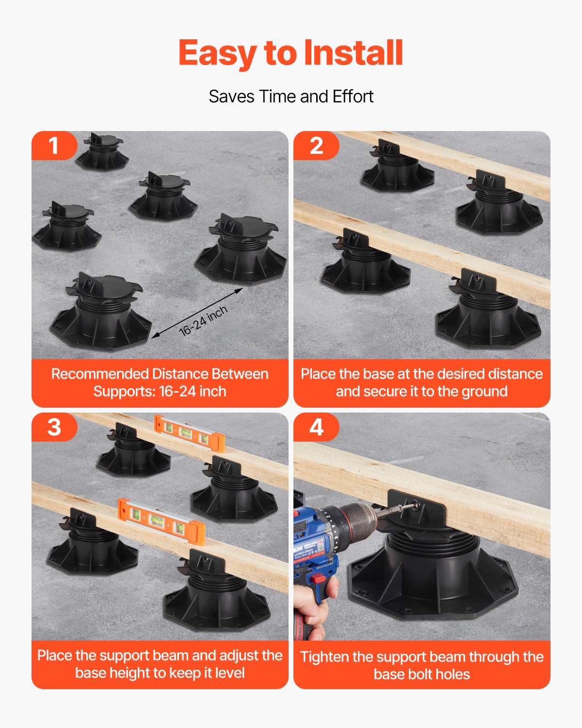 VEVOR Blocchi di Supporto per Ponte 12 PZ, Supporto per Ponti in Plastica, Carico 907,18 kg Piedistallo per Pavimentazione, Sollevamento 60 a 135 mm Base Fondazione per Capannone Regolabile in Altezza