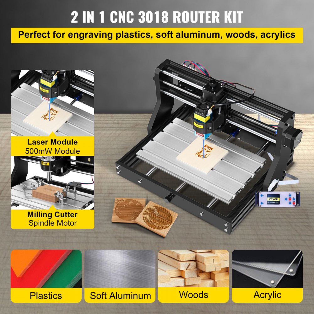 VEVOR VEVOR CNC 3018 Pro 300 × 180 × 45mm CNC Macchina GRBL Control Mini  Incisore con Controller offline 3 Assi Macchina per Incisione per Intaglio  Fresatura Plastica Acrilico Legno PVC (500mw)