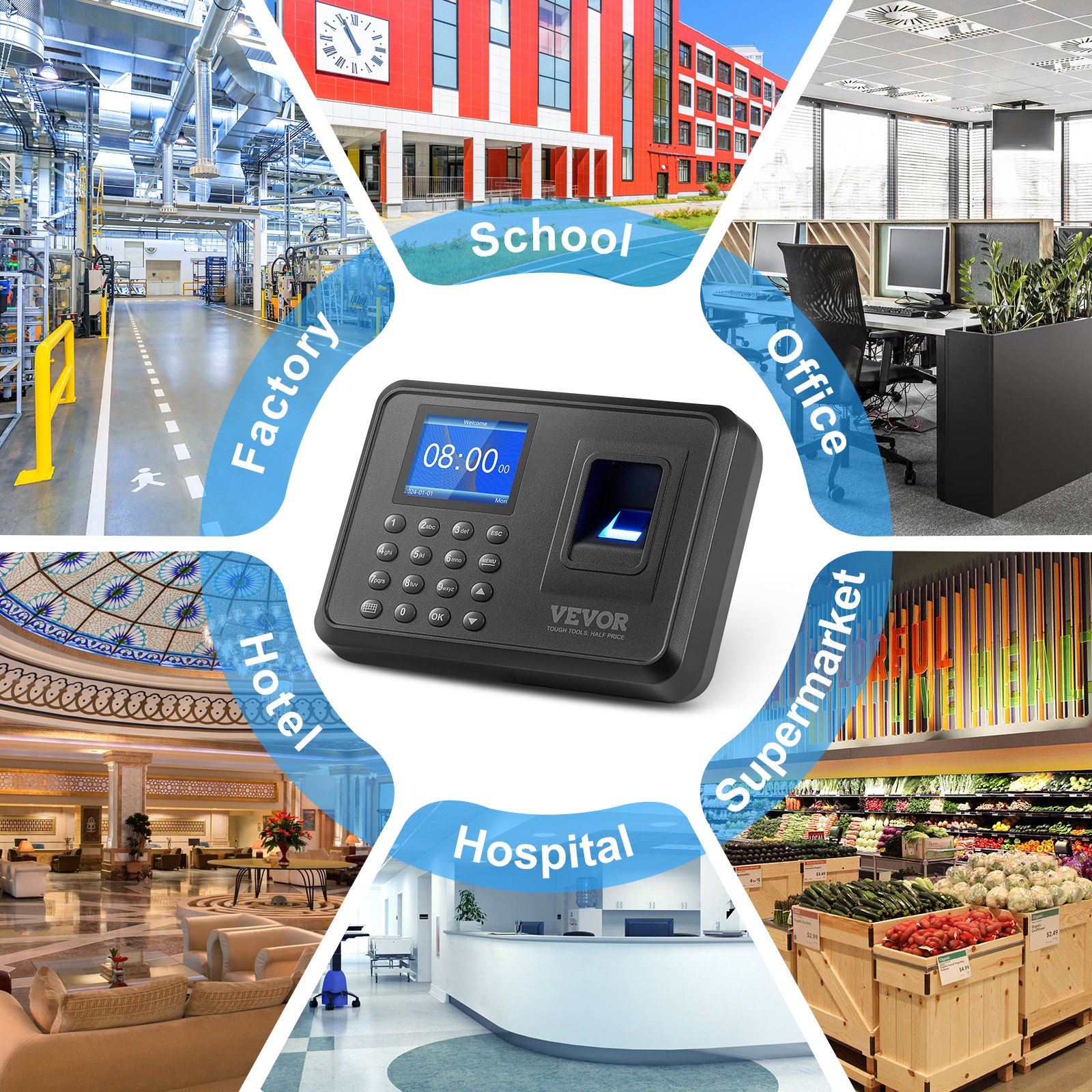 VEVOR Macchina Biometrica per Rilevazione delle Presenze dei Dipendenti con Impronta Digitale, Immissione PIN, Orologio Biometrico Autonomo per Check-In, Montaggio a Parete, Supporto 12 Lingue, Nero