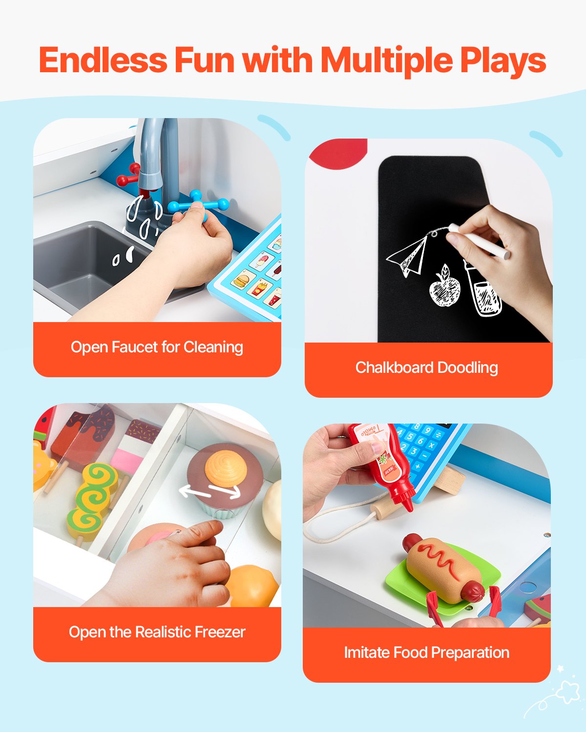 VEVOR Ice Cream Truck for Children, over 20 accessories, wooden ice cream parlor with steering wheel and chalkboard, payment scanner and freezer, tap and sink, suitable for children aged 3-7 years, blue