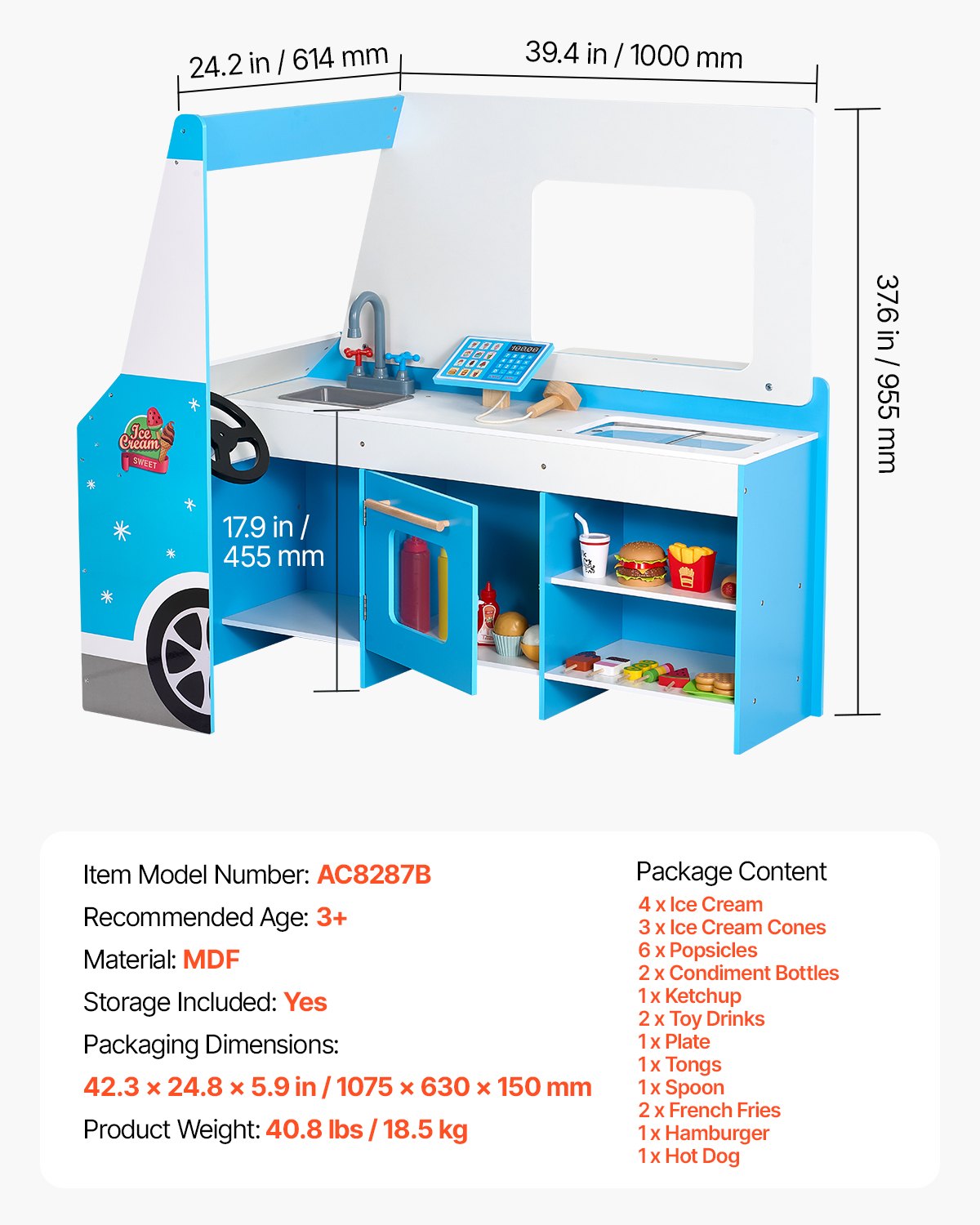 VEVOR Ice Cream Truck for Children, over 20 accessories, wooden ice cream parlor with steering wheel and chalkboard, payment scanner and freezer, tap and sink, suitable for children aged 3-7 years, blue