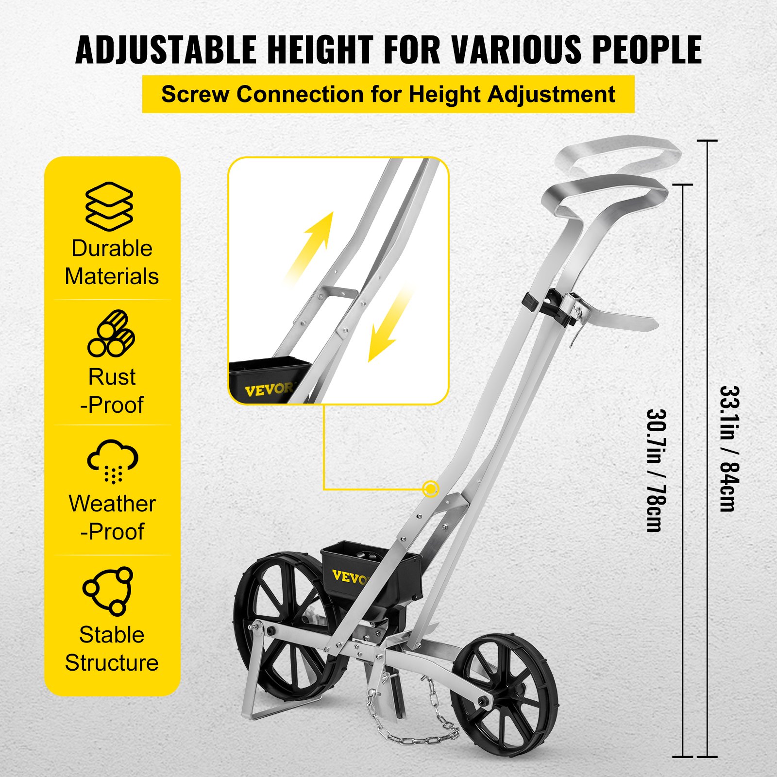 VEVOR Seminatrice da Giardino in Alluminio, Seminatrice a Spinta Manuale Lunghezza da 78 cm a Due Ruote da 6 cm e 5 cm, Spandiconcime per Spargere Concime Semi con 6 Piantatrice per Orti e Giardini