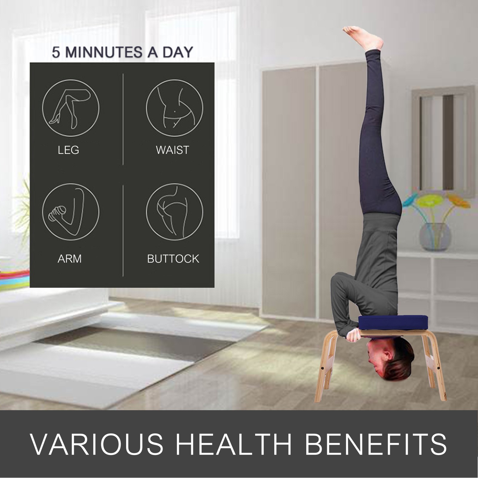 VEVOR Sedia per Inversione Yoga 47x44x65cm Sedia per Yoga 200kg Sedia per Testa Yoga Headstand Sgabello per Yoga a Forma di H Colore Blu Scuro