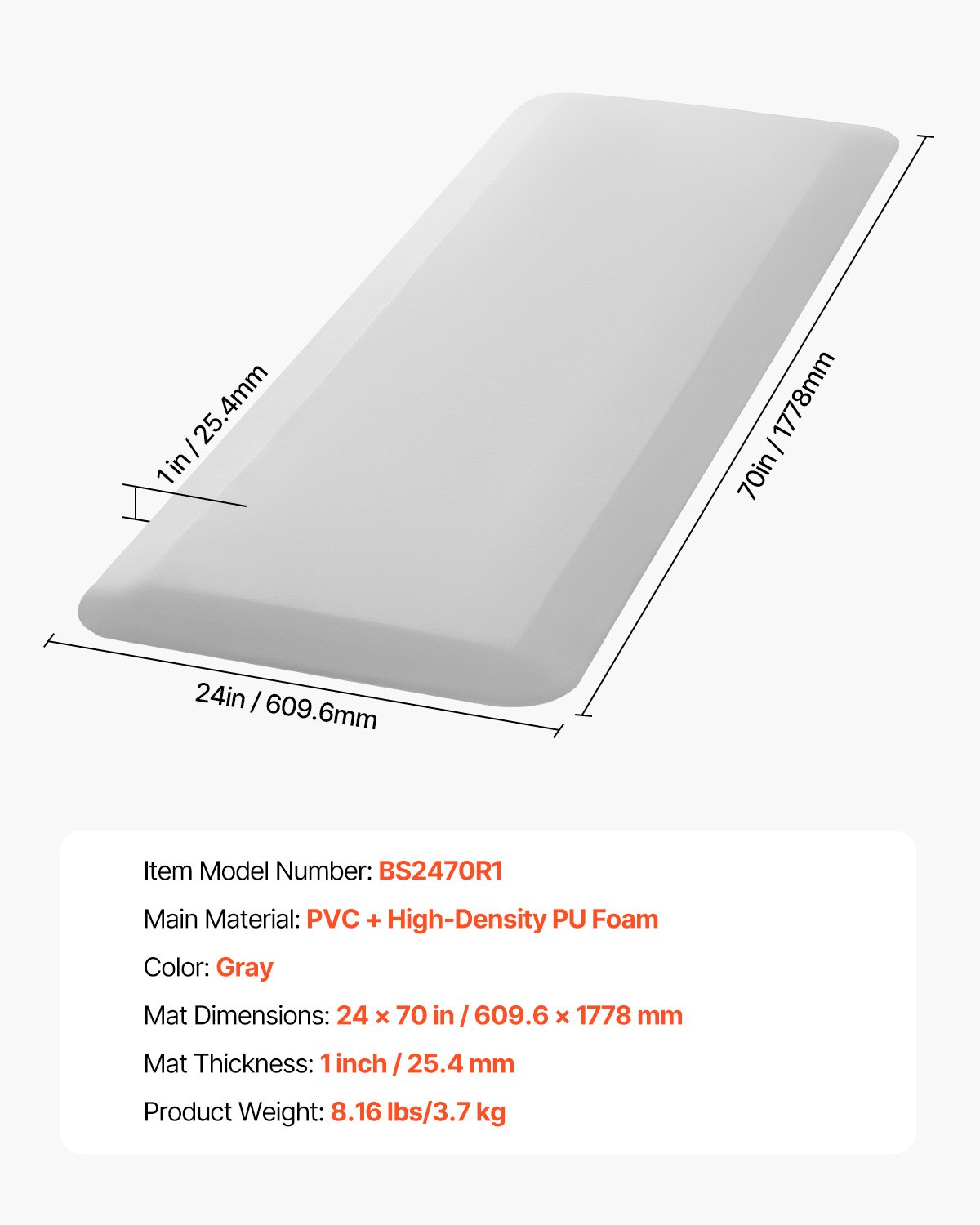 VEVOR Fall Protection Mat for the Elderly 609.6x1778 mm, 25.4 mm thick fall prevention pad with beveled edge, non-slip safety floor mat for beds for seniors, disabled people, and patients