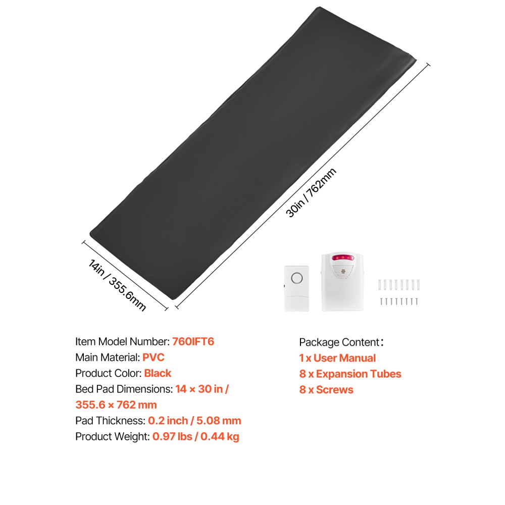 VEVOR Sistema di Allarme per Letto per Anziani, Sensore Wireless per Letto da 355,6 x 762 mm con Cercapersone, Allarmi di Sicurezza e Cuscinetto Anticaduta per Letto per Casa, Ospedale