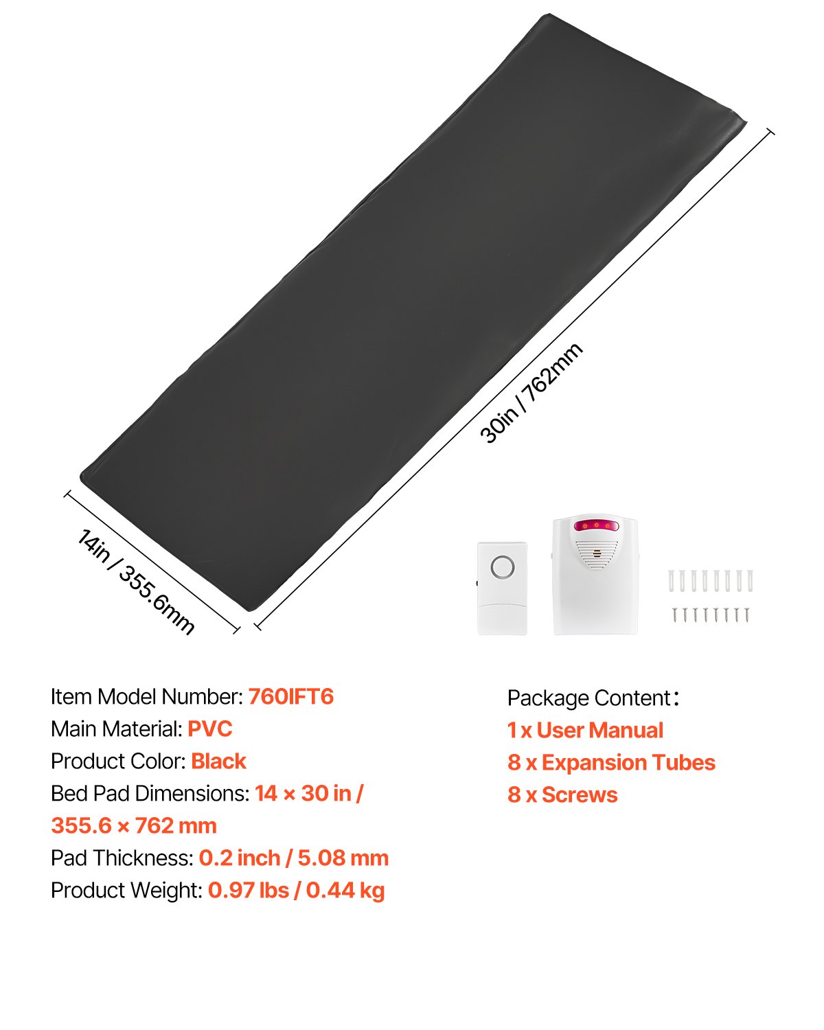 VEVOR Sistema di Allarme per Letto per Anziani, Sensore Wireless per Letto da 355,6 x 762 mm con Cercapersone, Allarmi di Sicurezza e Cuscinetto Anticaduta per Letto per Casa, Ospedale