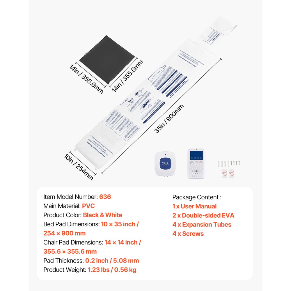 VEVOR Sistema di Allarme per Letto per Anziani, Sensore Wireless per Letto con Cercapersone e Pulsante di Chiamata, Allarmi di Sicurezza per Letto per Casa Ospedale, Cuscino 355,6 x 355,6 mm