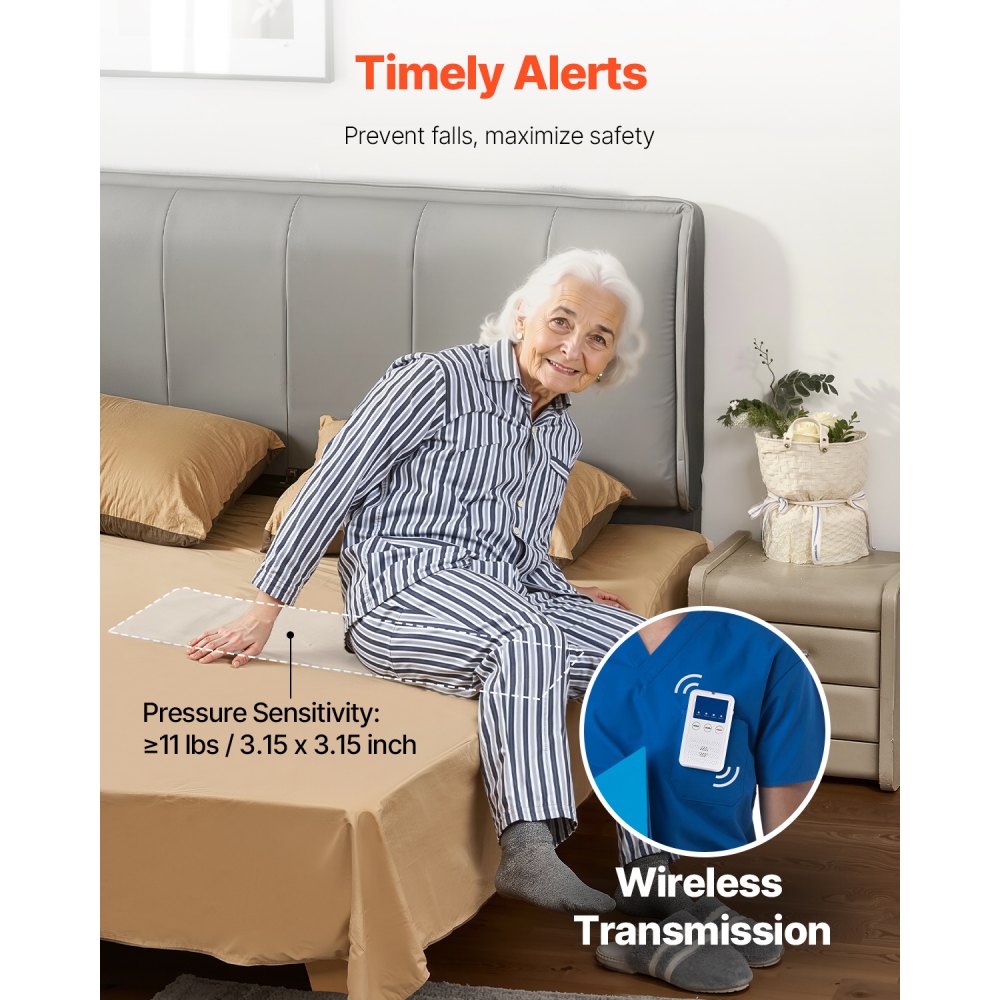 VEVOR Sensor Mat, Alarm Foot Mat with Call Button & Pager, Safety Bed Alarms Before the Alarm & Fall Prevention for Elderly People, Dementia Patients & Adults (254x889 mm)