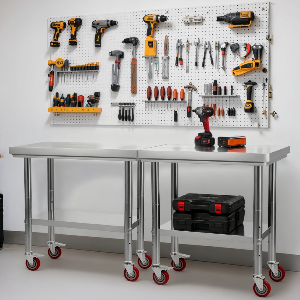 VEVOR Stainless Steel Table, 60 x 90 cm Food Prep Worktable with Wheels, Kitchen Prep Table with Adjustable Undershelf Workstations for Commercial Kitchen, Restaurant, Hotel and Garage, Outdoor