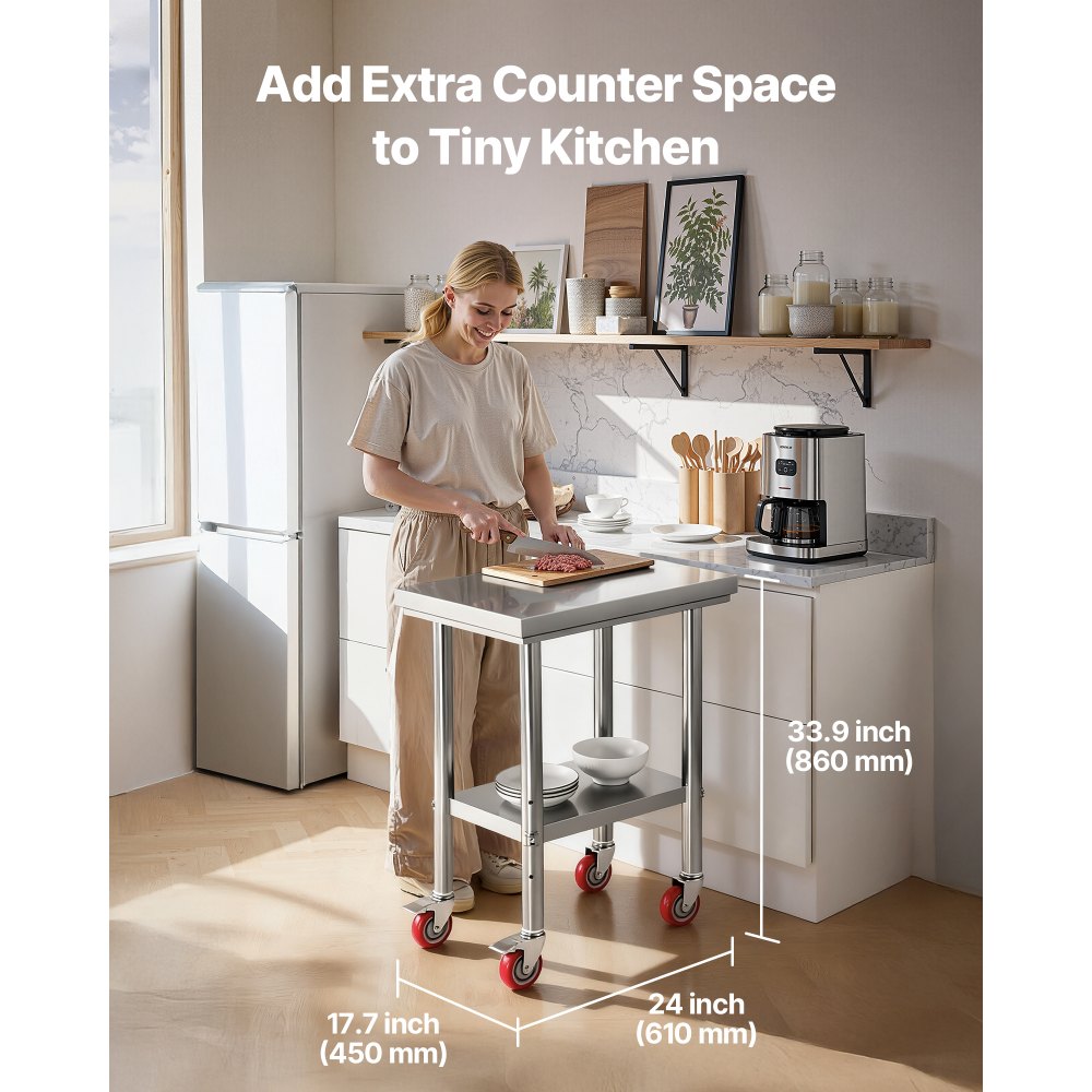 VEVOR Stainless Steel Table, 61 x 45 cm Food Prep Worktable with Wheels, Kitchen Prep Table with Adjustable Undershelf Workstations for Commercial Kitchen, Restaurant, Hotel and Garage, Outdoor