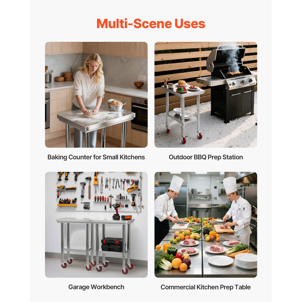 VEVOR Stainless Steel Table, 61 x 45 cm Food Prep Worktable with Wheels, Kitchen Prep Table with Adjustable Undershelf Workstations for Commercial Kitchen, Restaurant, Hotel and Garage, Outdoor