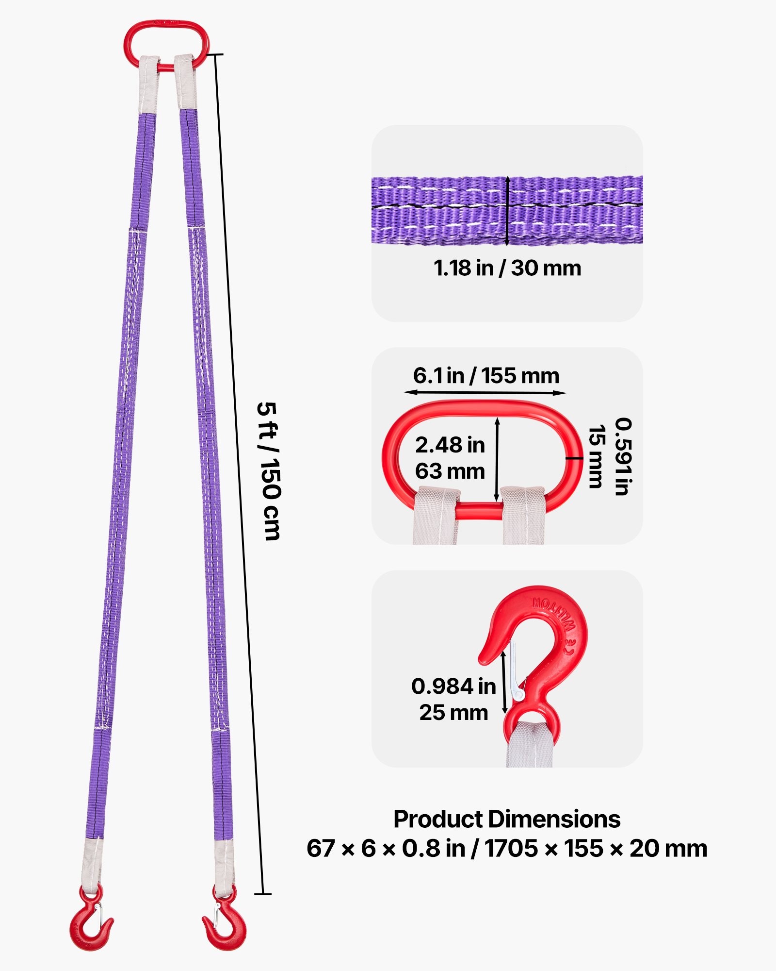 VEVOR Cinghia di Sollevamento a Banda, 2 Pezzi Set di Cinghie di Sollevamento con Fibbia in Poliestere a Due Gambe con Ganci, Capacità di 2 T 150 cm, Cinghie di Fettuccia per Motori, Gru