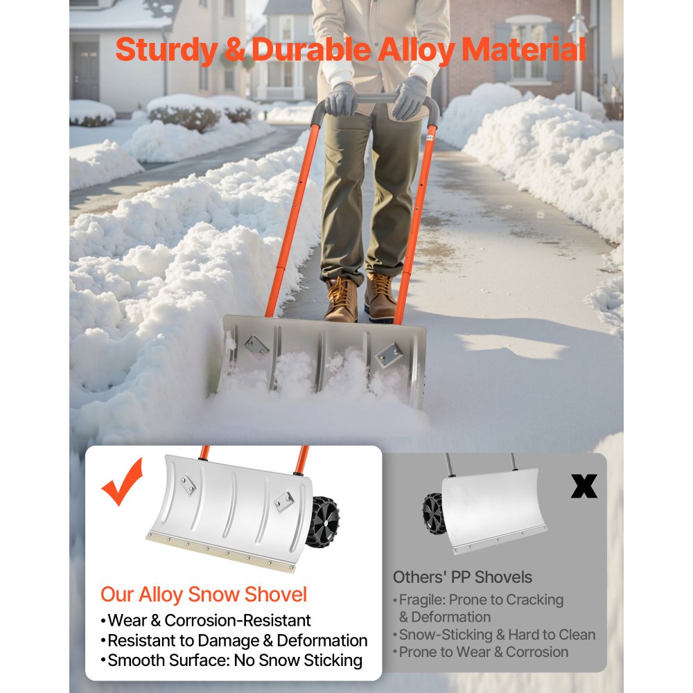 VEVOR Pala da Neve con Ruote da 61 cm con Lama Angolata Bidirezionale e Manico Regolabile a 90 Gradi, Pale Invernali in Metallo, Strumento Portatile per Rimozione della Neve per Vialetti e Giardini