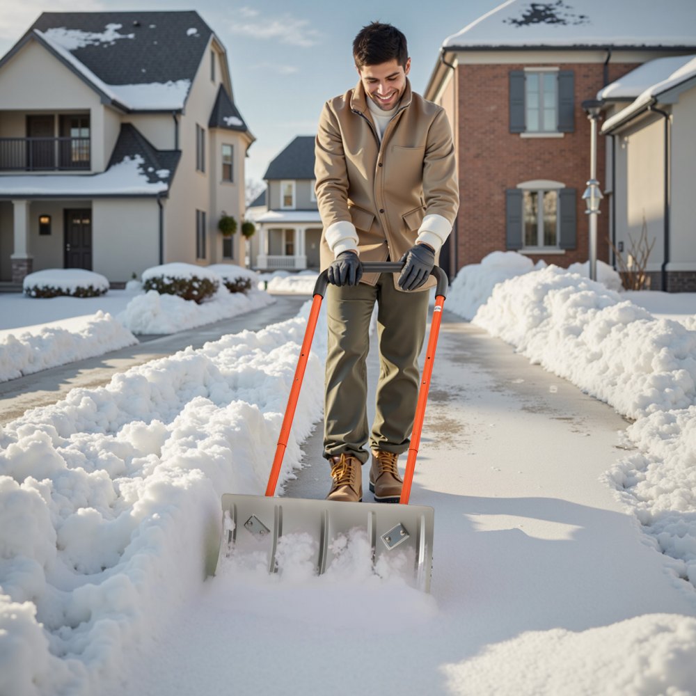 VEVOR Snow Pusher Shovel with Wheels, 61 cm Wheeled Snowplow Shovel with Bi-Directional Angled Blade & 90 Degree Adjustable Handle, Metal Winter Shovels, Portable Snow Removal Tool for Driveway Garden