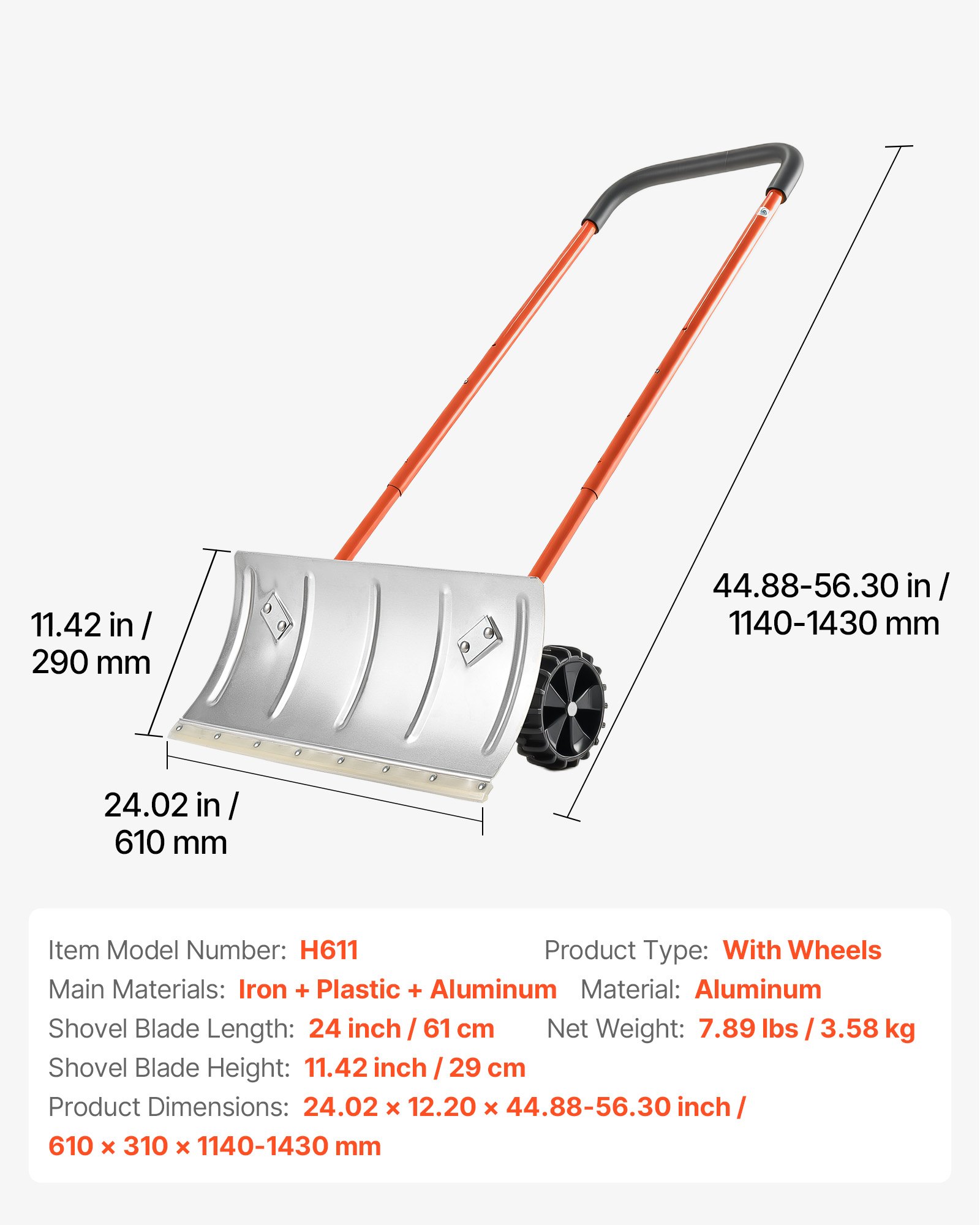 VEVOR Snow Pusher Shovel with Wheels, 61 cm Wheeled Snowplow Shovel with Bi-Directional Angled Blade & 90 Degree Adjustable Handle, Metal Winter Shovels, Portable Snow Removal Tool for Driveway Garden