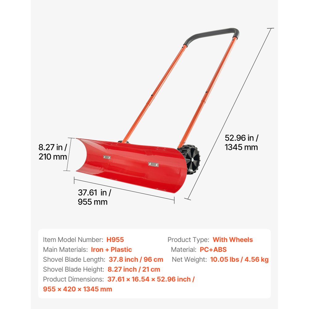 VEVOR Pala da Neve con Ruote da 96 cm con Lama Angolata Bidirezionale e Manico Regolabile a 90 Gradi, Pale Invernali in Plastica Resistente, Strumento Portatile per Rimozione della Neve per Vialetti
