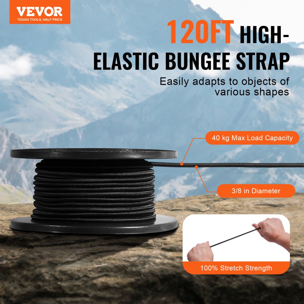 VEVOR Corda Elastica da 9,5 mm, Bobina 36 m, Cinghie Elastiche Resistenti, Corda Elastica per Carichi e Teloni, Corda Elastica per Campeggio, Ponte per Kayak e Artigianato, Cordino bungee shock  Nero