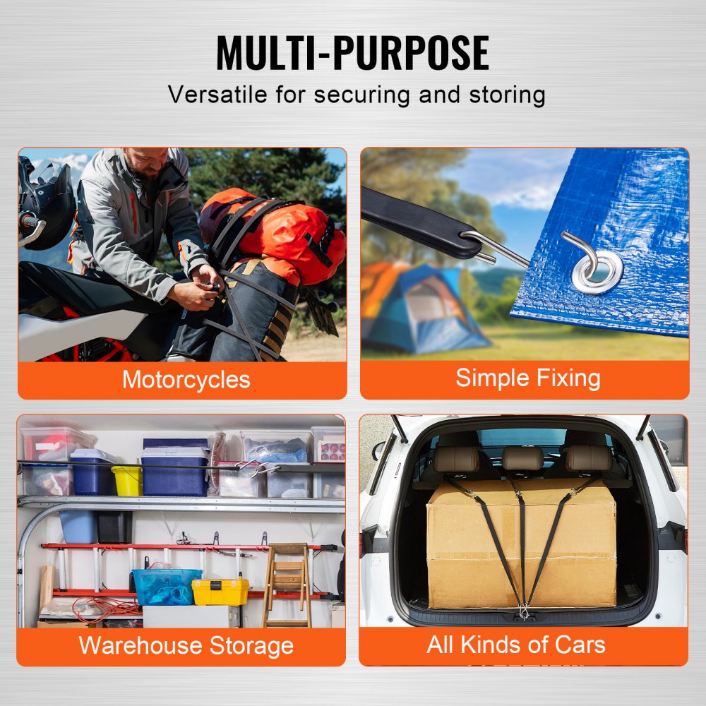 VEVOR Corda Elastica Piatta, Cinghie Elastiche Resistenti da 20 mm con Ganci a S in Acciaio, Corda Elastica da 610 mm per Carichi, Teloni, Camion e Tende, Corda Elastica Piatta, Nero 10 Pezzi