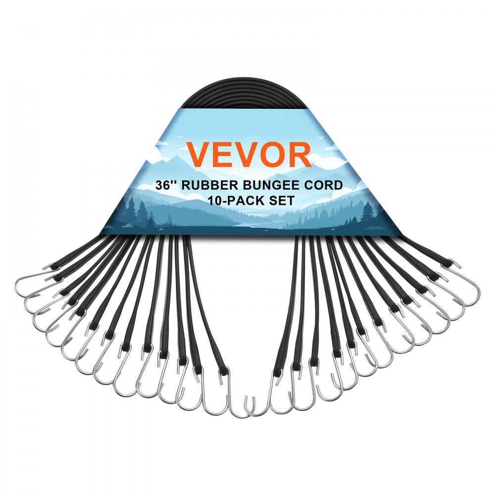 VEVOR 10 Pezzi di Corda Elastica Piatta, Cinghie Elastiche Resistenti 20 mm con Gancio a S in Acciaio, Include Corda Elastica da 914 mm, per Merci, Teloni, Camion e Tende, Corda Elastica Piatta Nero