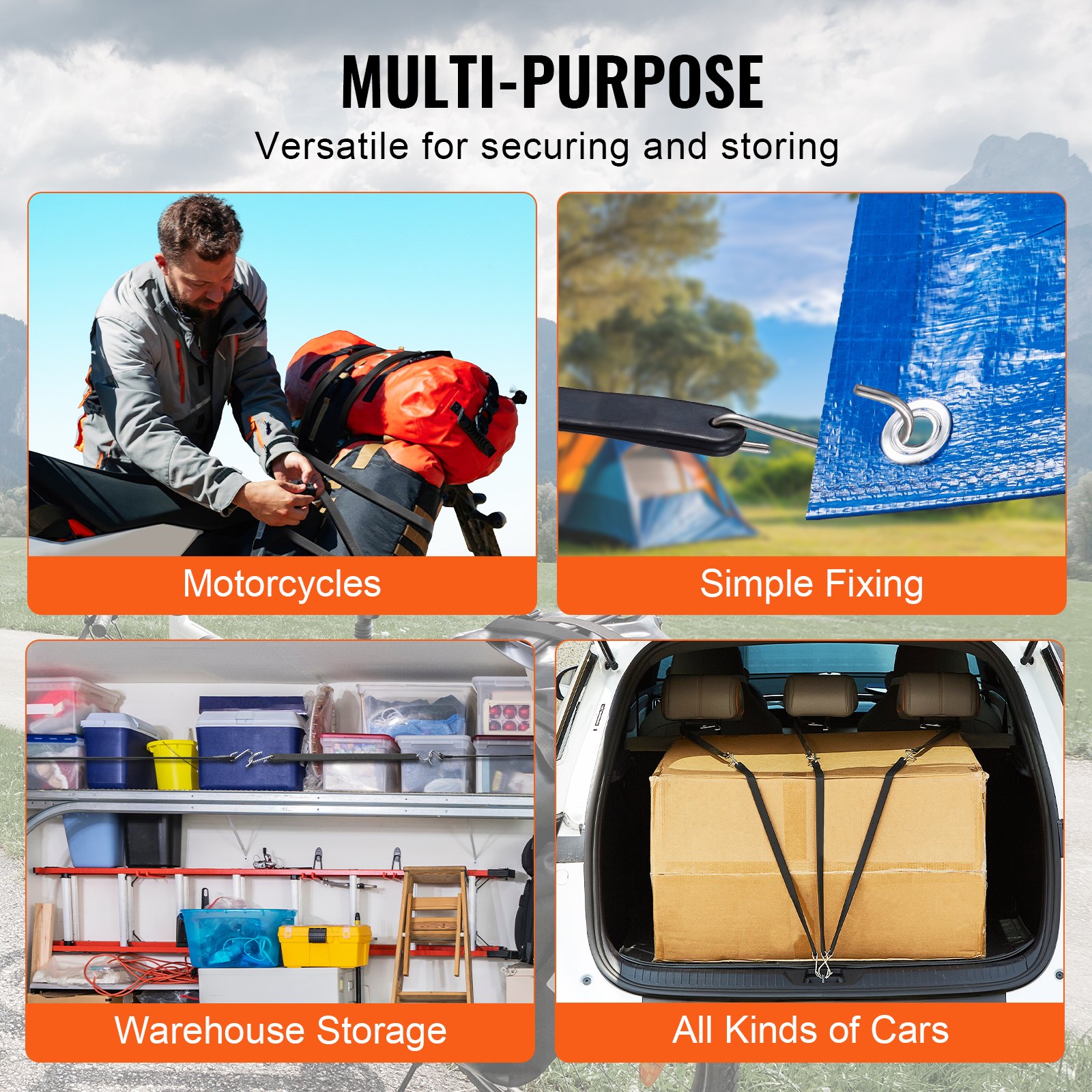 VEVOR 20 Pezzi di Corda Elastica Piatta, Cinghie Elastiche Resistenti da 20 mm con Ganci a S in Acciaio, Include Corda Elastica da 381 mm, 533 mm, 914 mm, per Merci, Teloni, Camion e Tende, Nero