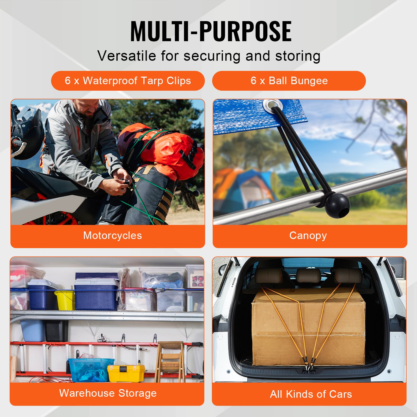 VEVOR 30 Pezzi Assortimento di Corde Elastiche, Cinghie Elastiche Resistenti 8 mm con Moschettoni Acciaio A3, Include 25/46/61/91/122/152/183 cm, Borsa Portaoggetti, 6 Clip e Fascette Baldacchino