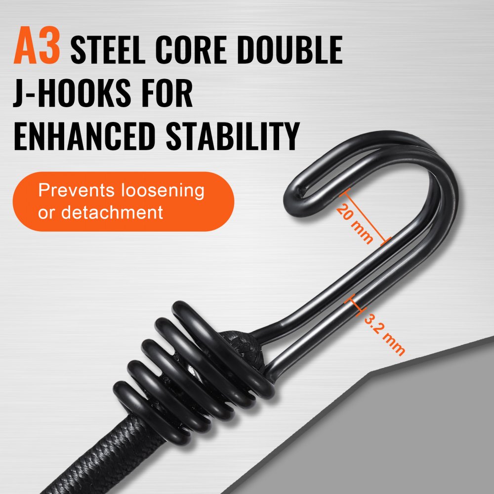 VEVOR Corde Elastiche con Ganci in Acciaio A3, Cinghie Elastiche Resistenti da 0,8 m Set di Corde Elastiche da 8 mm Carico Massimo di 25 kg per Campeggio, Teloni, Motociclette, Tende, Nero, 12 Pezzi