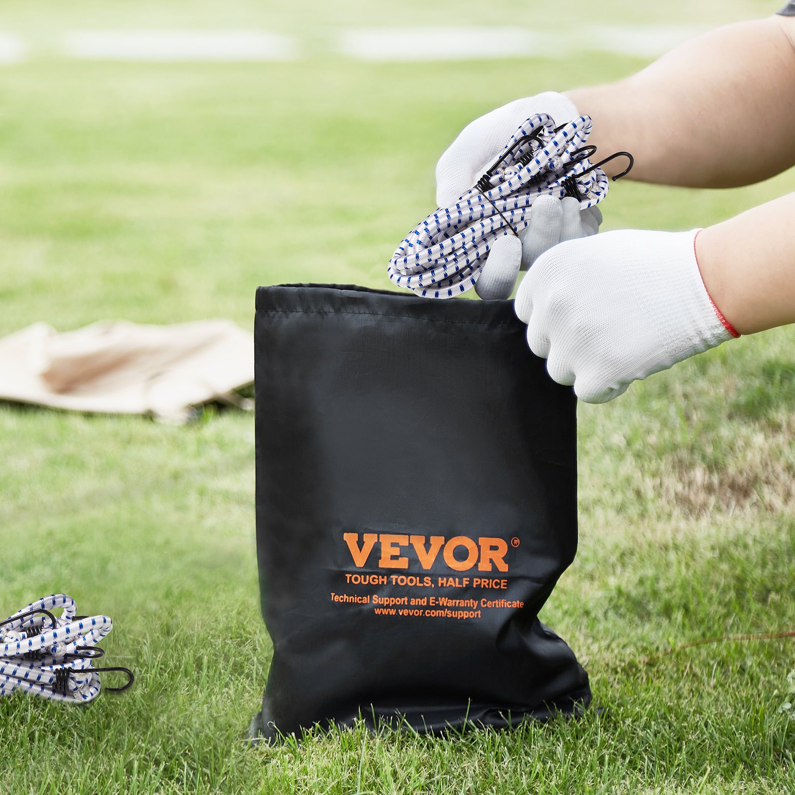 VEVOR Corde Elastiche con Ganci in Acciaio A3, Cinghie Elastiche Resistenti da 1,8 m Set di Corde Elastiche 12 mm per Campeggio, Teloni, Motociclette, Camion, Tende, Bianco con Strisce Blu, 6 Pezzi