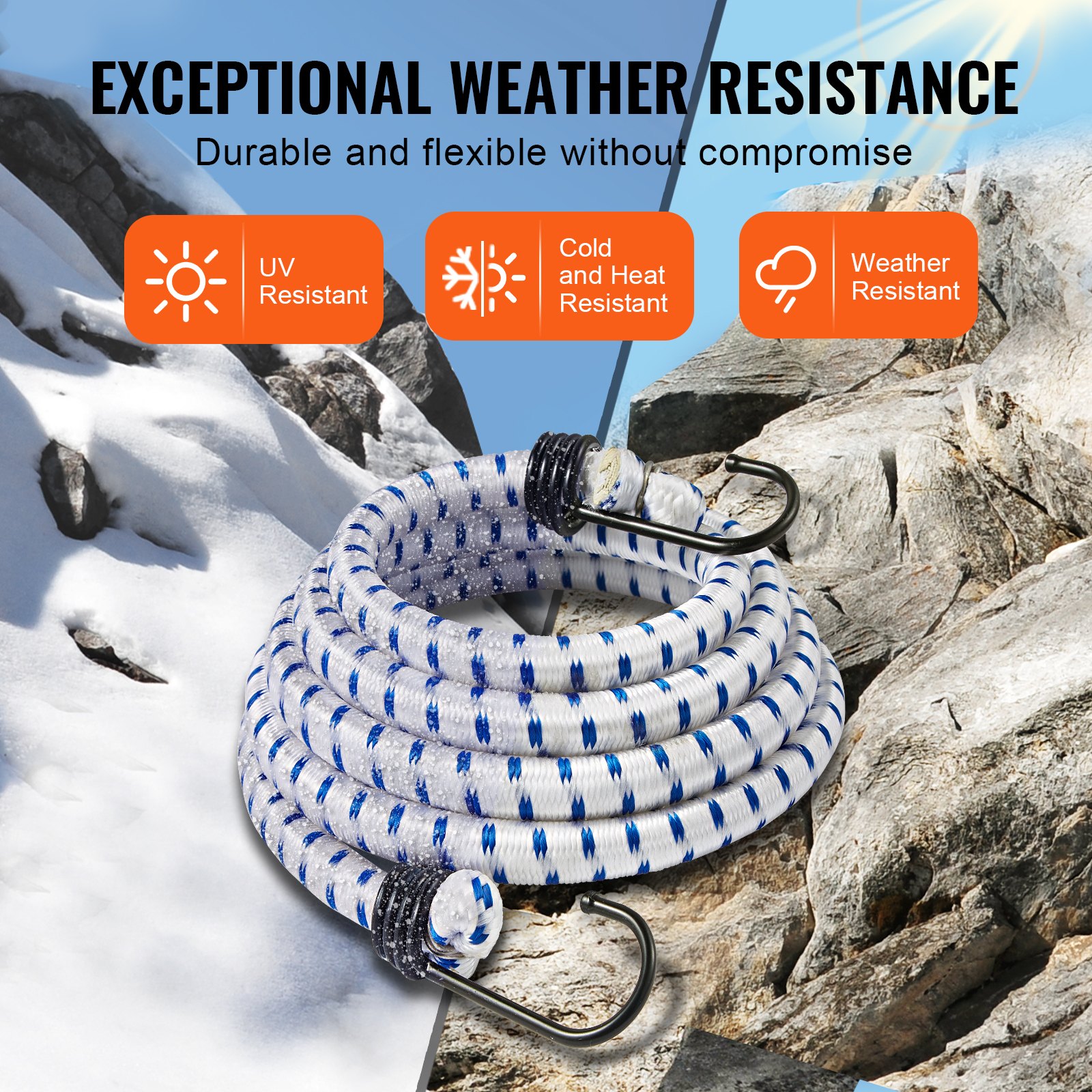 VEVOR Corde Elastiche con Ganci in Acciaio A3, Cinghie Elastiche Resistenti da 1,8 m Set di Corde Elastiche 12 mm per Campeggio, Teloni, Motociclette, Camion, Tende, Bianco con Strisce Blu, 6 Pezzi