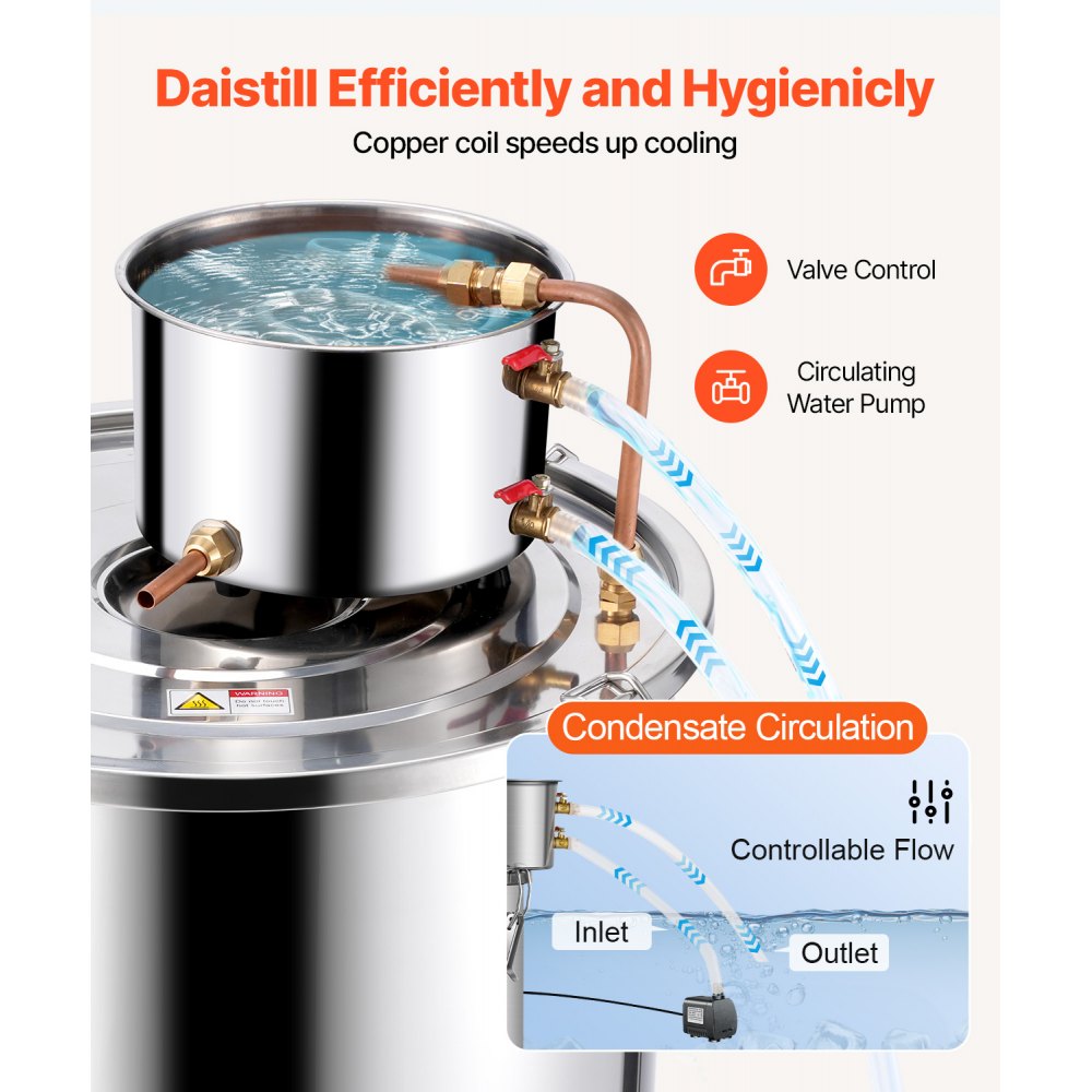 VEVOR Distillatore di Alcool 50 L Distillatore di Alcool Acqua in Acciaio Inossidabile con Bobina di Rame, Kit di Fermentazione per Raffinazione Birra Fatta in Casa con Termometro e Pompa, Argento