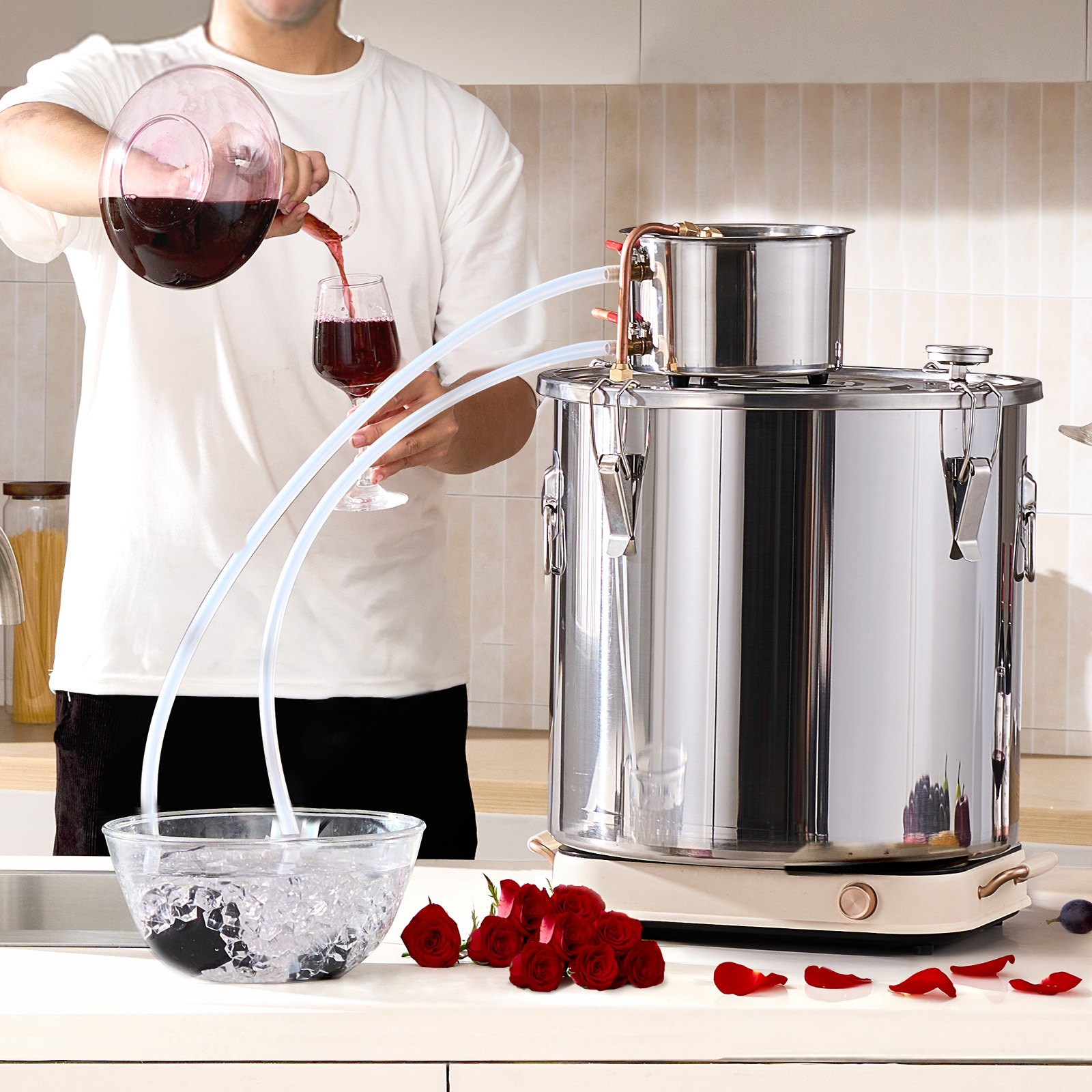 VEVOR Distillatore di Alcool 50 L Distillatore di Alcool Acqua in Acciaio Inossidabile con Bobina di Rame, Kit di Fermentazione per Raffinazione Birra Fatta in Casa con Termometro e Pompa, Argento