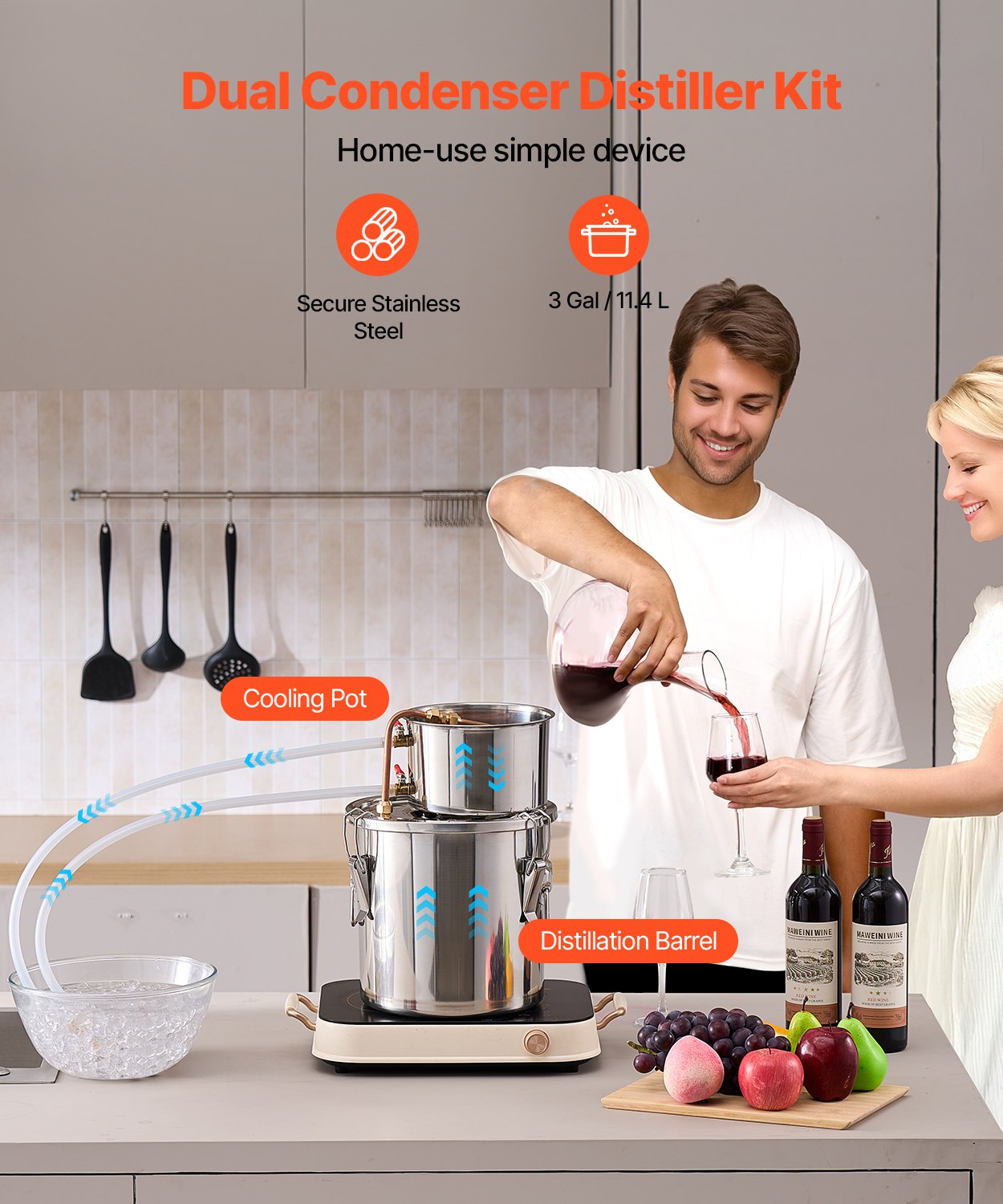 VEVOR Distillatore di Alcol da 11,4 L Distillatore di Alcol Acqua in Acciaio Inox con Bobina di Rame, Kit di Fermentazione per Raffinazione Birra Fatta in Casa con Termometro, per Vino, Argento