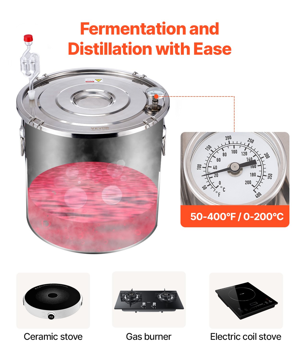 VEVOR Distillatore di Alcol 19 L Distillatore di Alcol Acqua in Acciaio Inox con Bobina di Rame, Kit di Fermentazione per Raffinazione Birra Fatta in Casa con Termometro, per Vino, Whisky, Argento