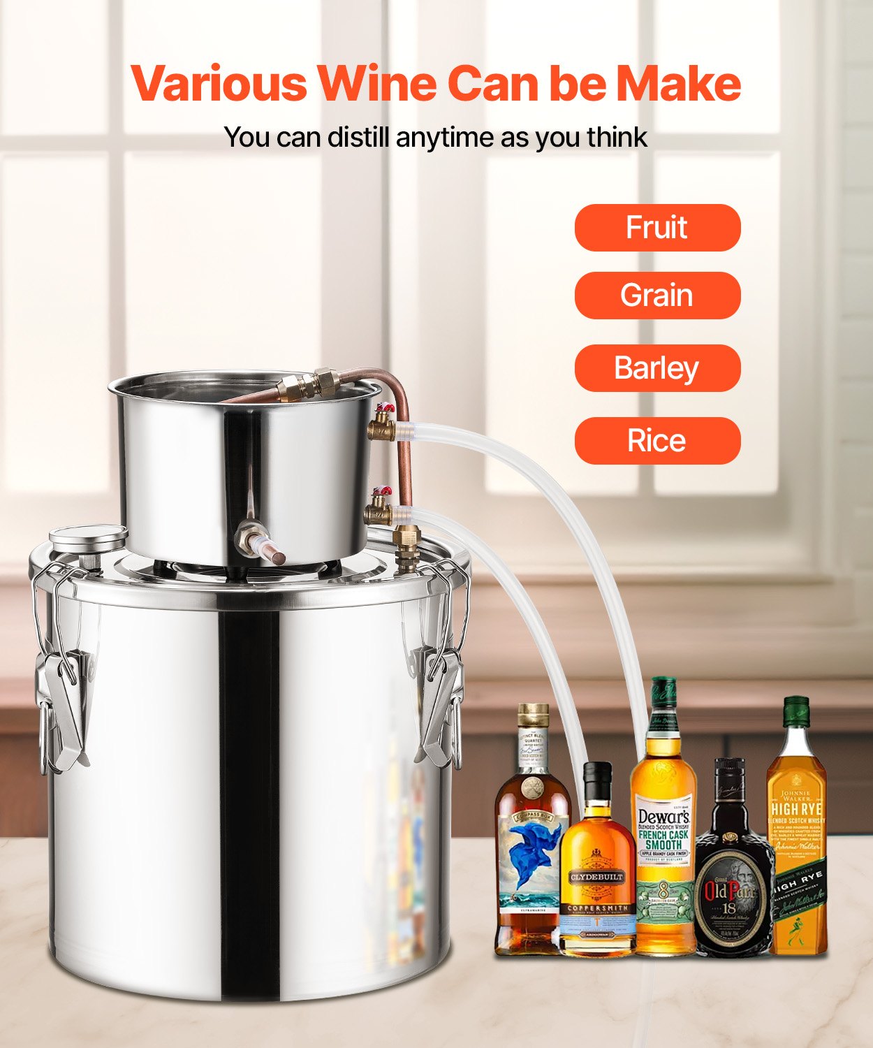 VEVOR Distillatore di Alcol 19 L Distillatore di Alcol Acqua in Acciaio Inox con Bobina di Rame, Kit di Fermentazione per Raffinazione Birra Fatta in Casa con Termometro, per Vino, Whisky, Argento