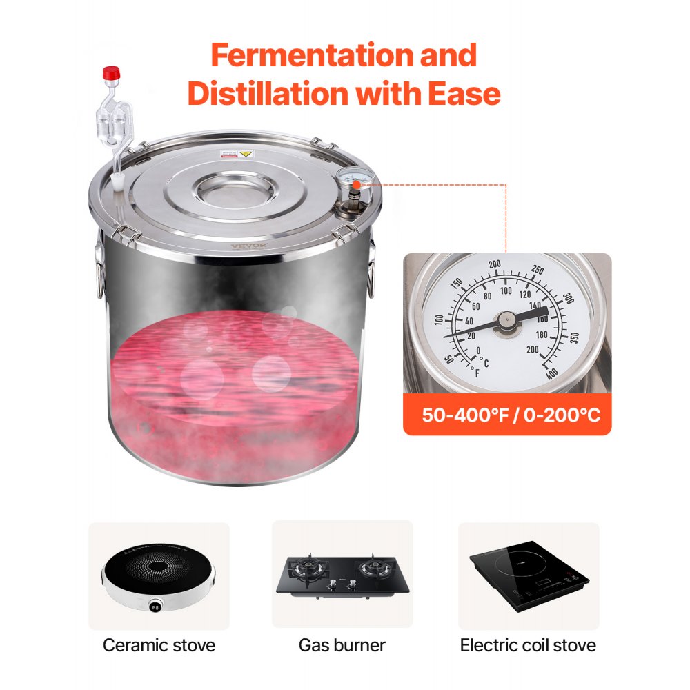 VEVOR 19L Stainless Steel Water Alcohol Distillation System with Copper Coil, Refining Fermentation Set with Thermometer and Pump, for Wine, Whiskey, Brandy, Silver