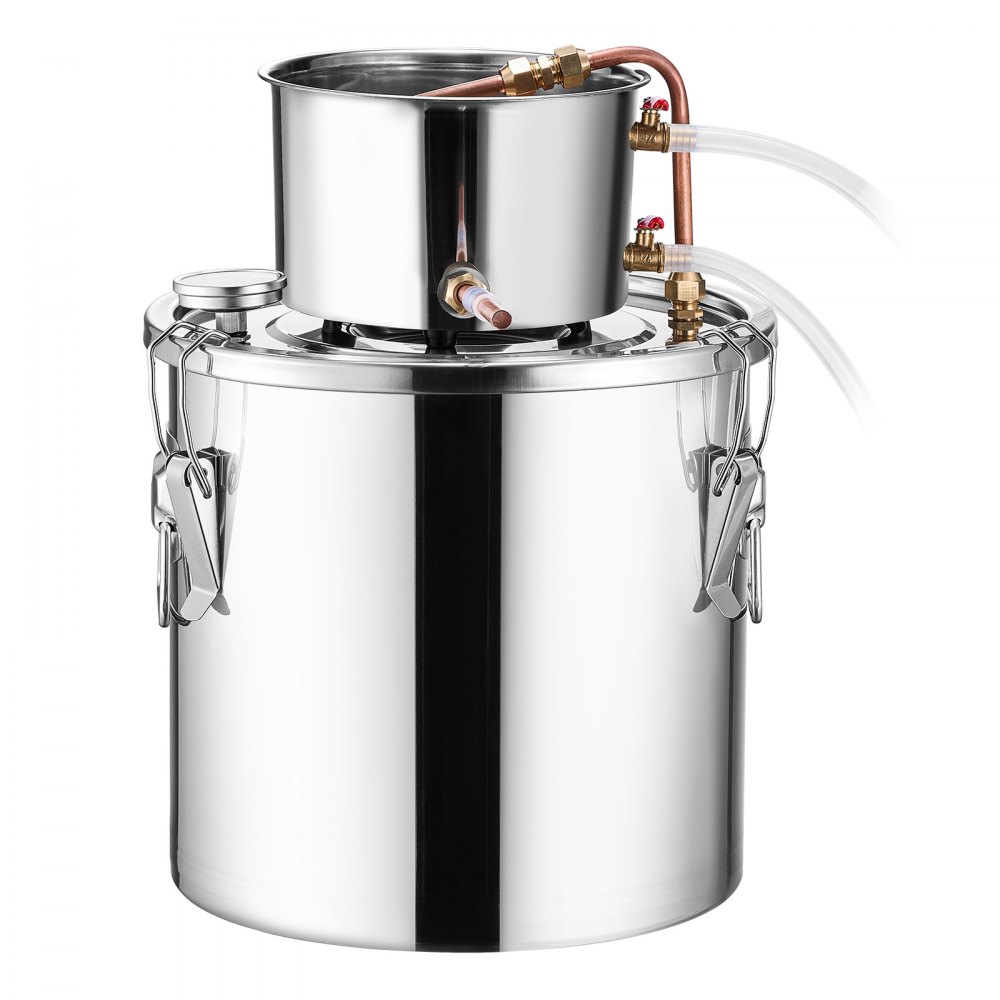 VEVOR 19L Stainless Steel Water Alcohol Distillation System with Copper Coil, Refining Fermentation Set with Thermometer and Pump, for Wine, Whiskey, Brandy, Silver