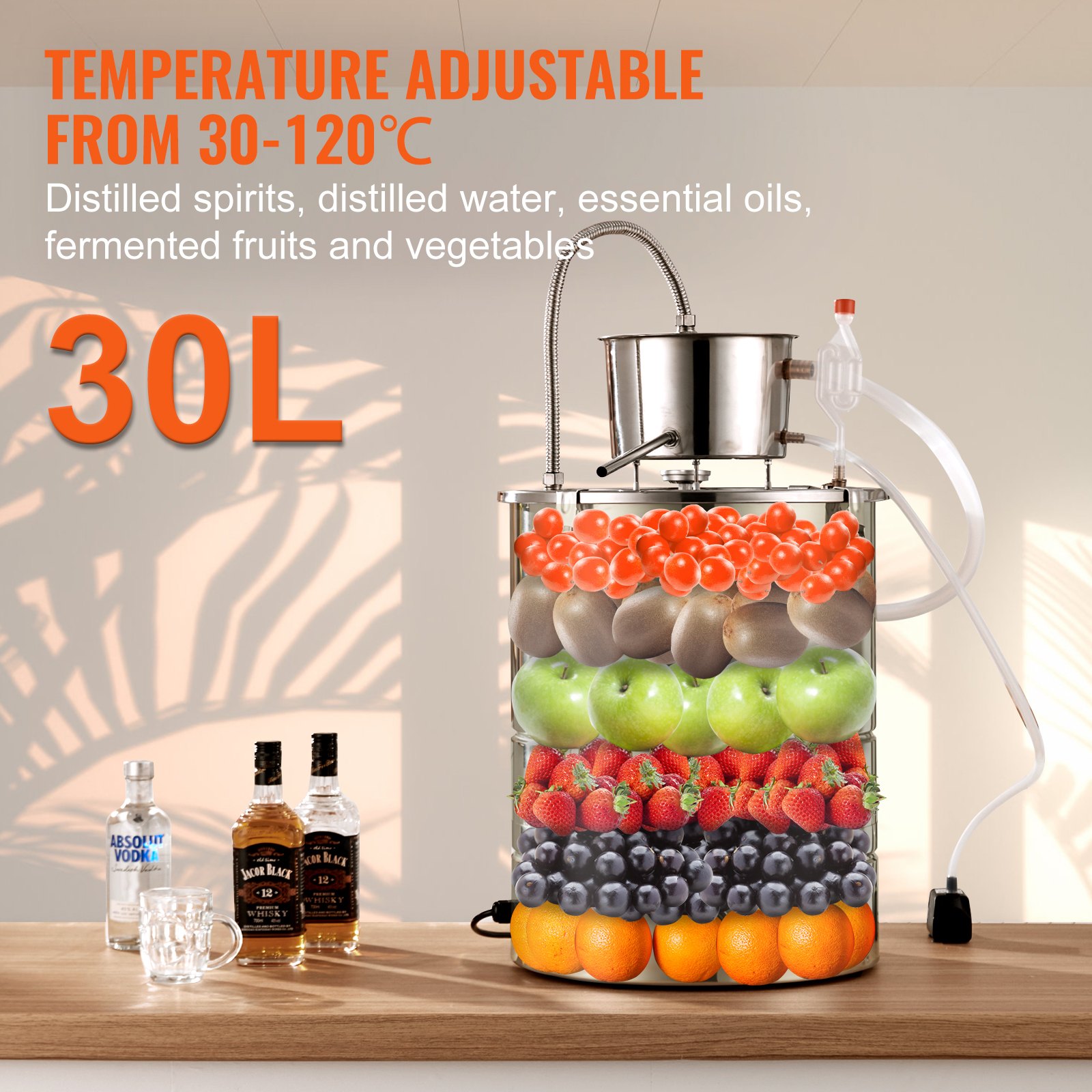 VEVOR Water Alcohol Distiller 30 L Distillation System 1800 W Stainless Steel Spirits Distilling Equipment Complete Set Included, for end products fruit wines, whiskey, schnapps, champagne, vodka etc.