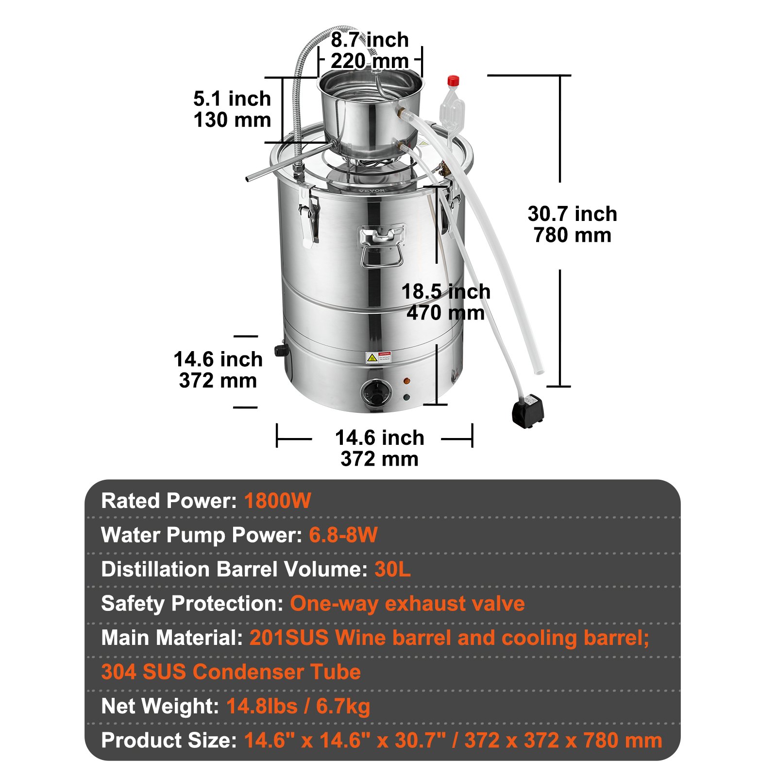 VEVOR Water Alcohol Distiller 30 L Distillation System 1800 W Stainless Steel Spirits Distilling Equipment Complete Set Included, for end products fruit wines, whiskey, schnapps, champagne, vodka etc.