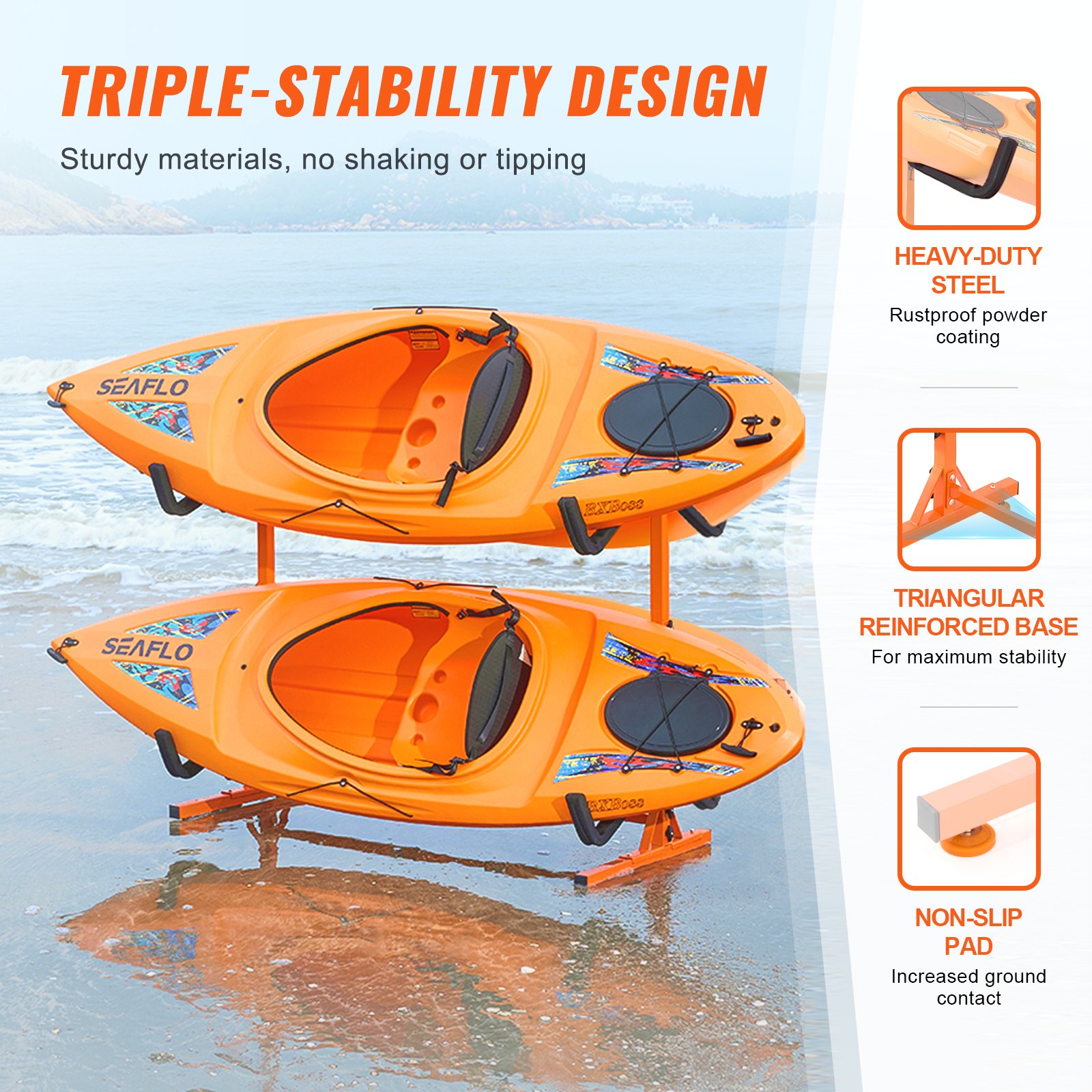 VEVOR Rastrelliera per Kayak Autoportante, Supporto per Kayak per 4 Paddleboard per Canoa Kayak, Supporto per Gancio per Kayak in Acciaio Resistente con Bracci Imbottiti e Larghezza Regolabile